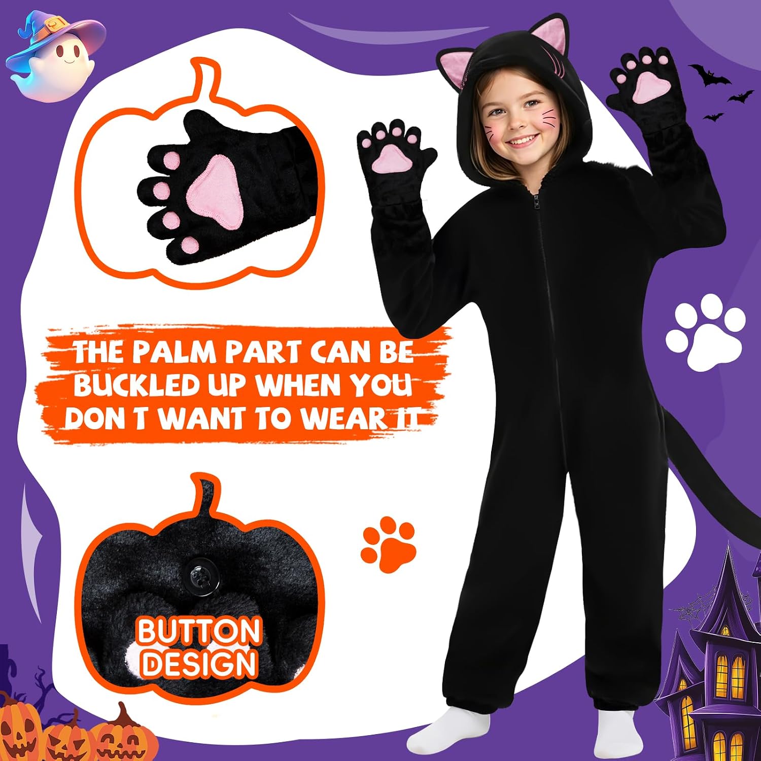 Detalle de GKTZ COS Black Cat Costume Onesie, Size S, Flannel with Cat Ears and Tail