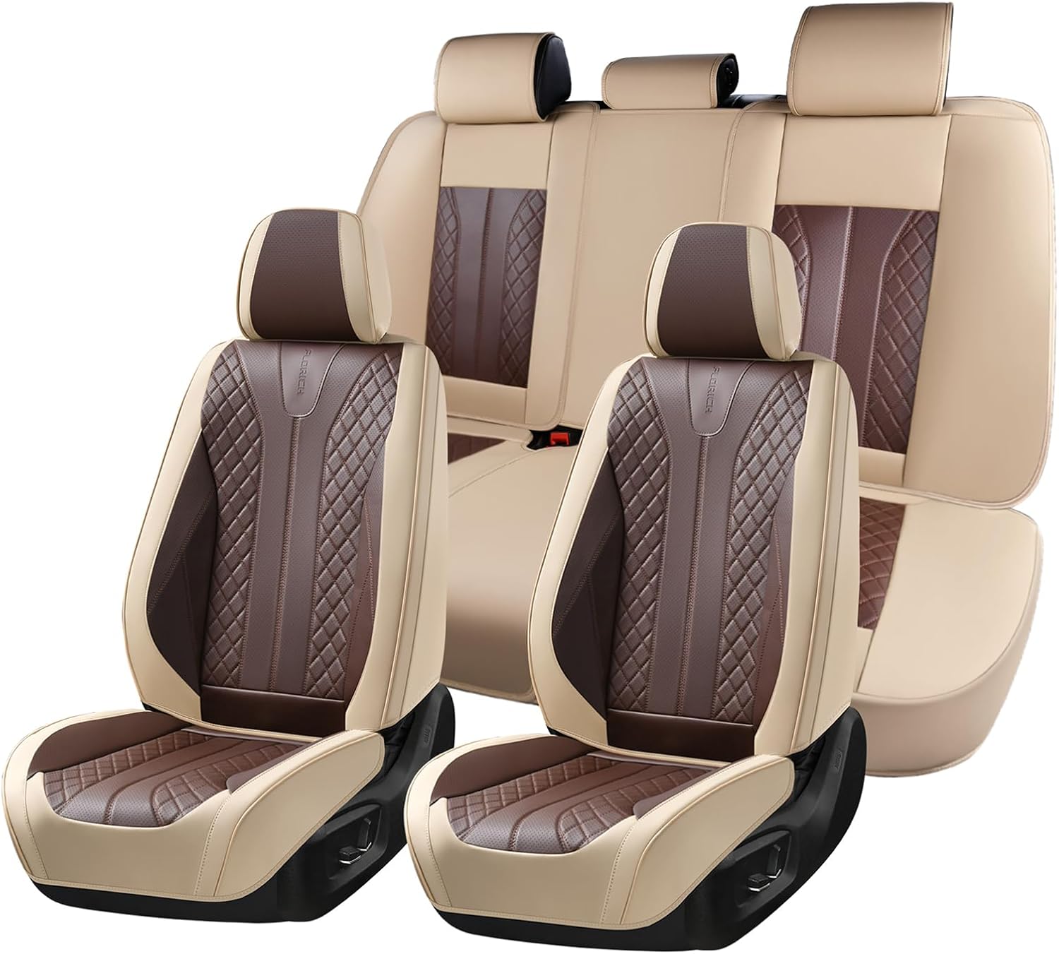 Detalle de FLORICH Front and Back Leather Seat Covers for Cars – Full Set (5 Seats), Beige & Coffee, Universal Fit