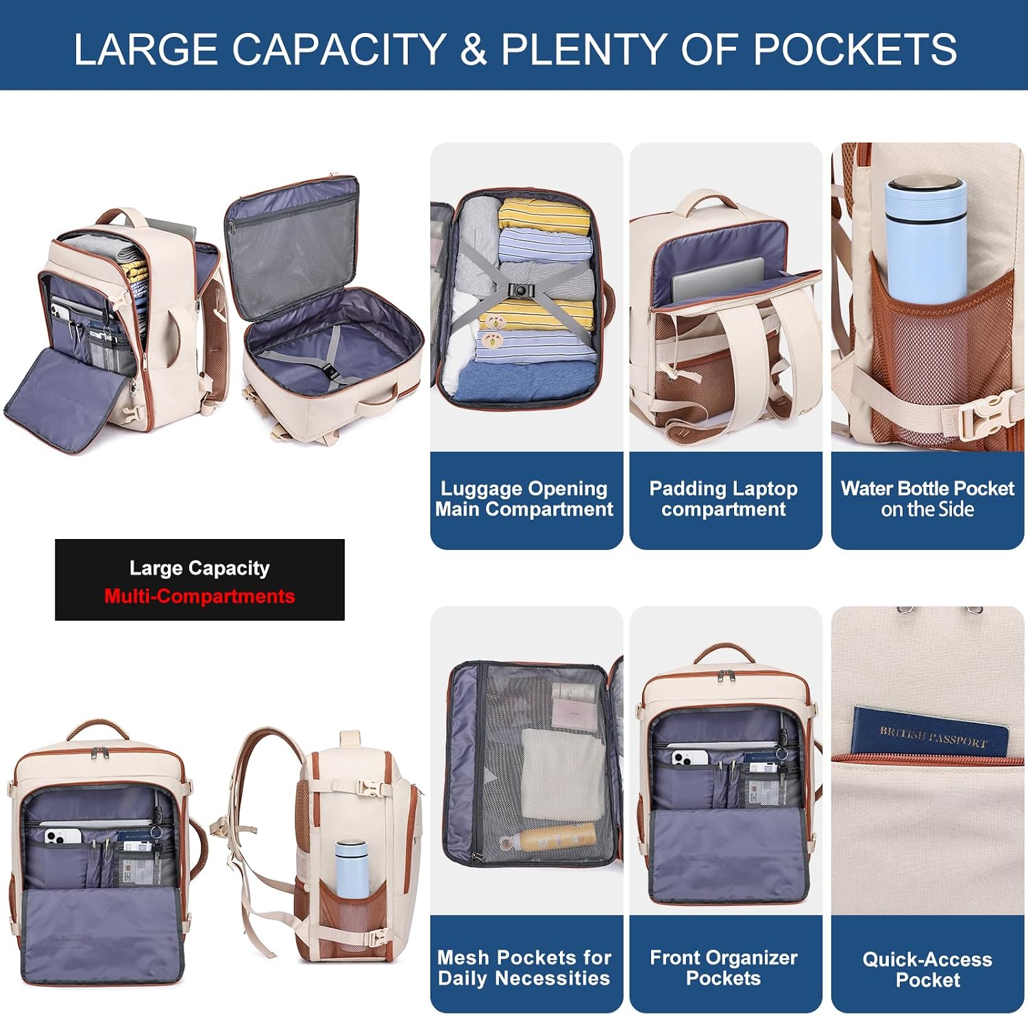 Detalle de ENZOSUM Cabin Bag 45x36x20 (30L) Beige underseat hand luggage backpack for 15.6-inch laptops