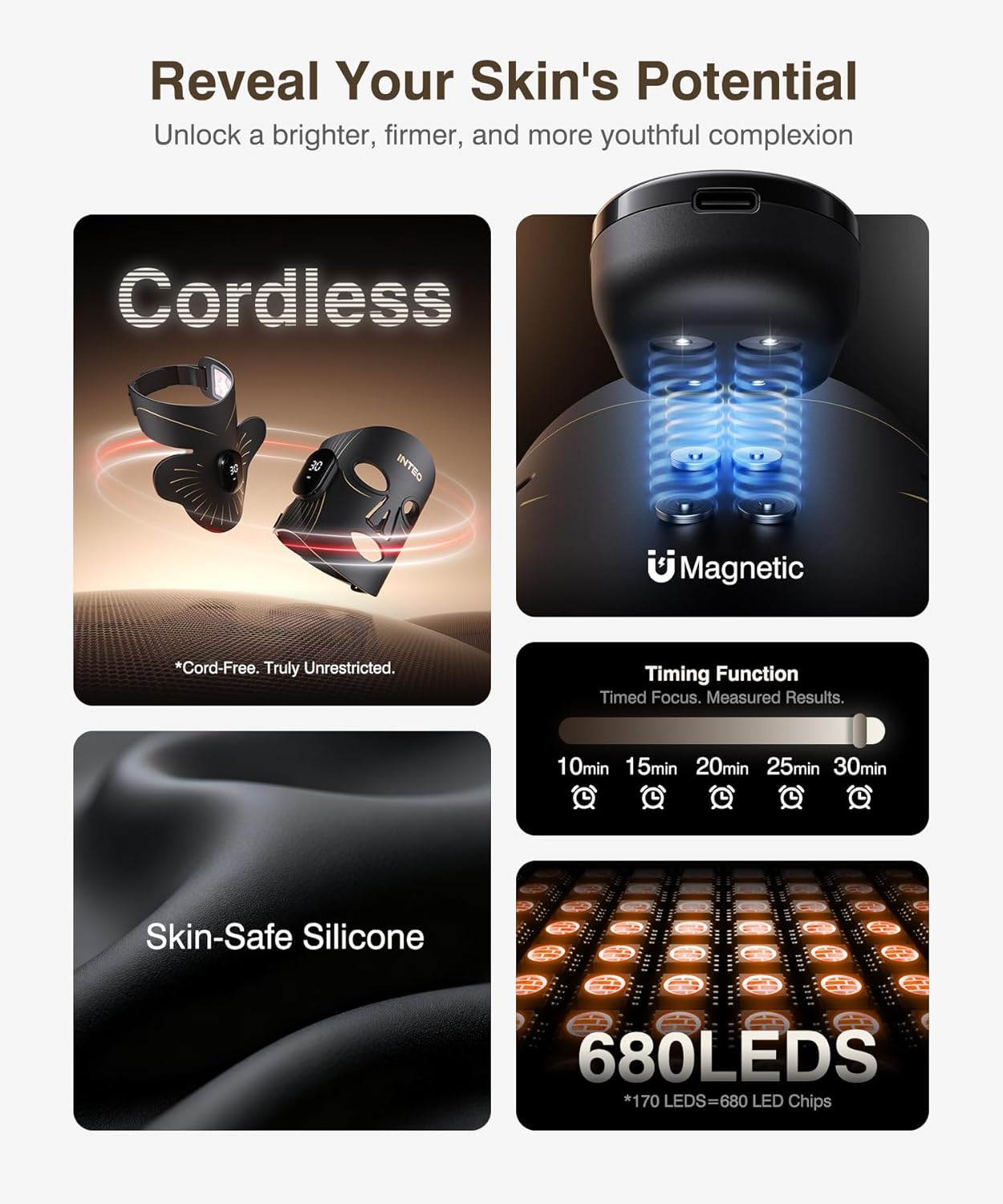 Detalle de Red Light Therapy for Face and Neck: 4 Modes Cordless Mask with 680 Beads