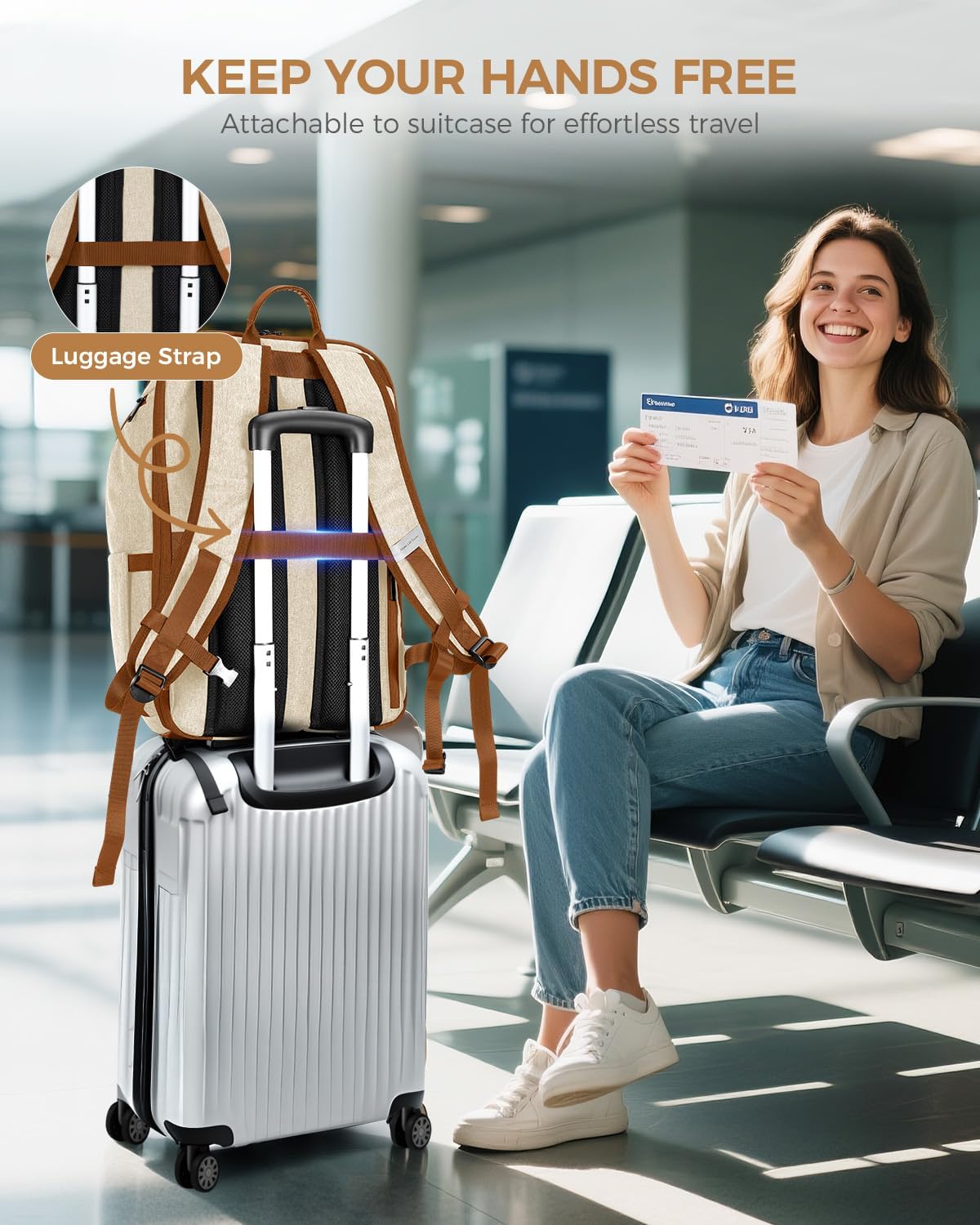 Detalle 2 de Ponhog Laptop Backpack Women – 30L Anti-Theft, 17.3" Laptop, Beig e