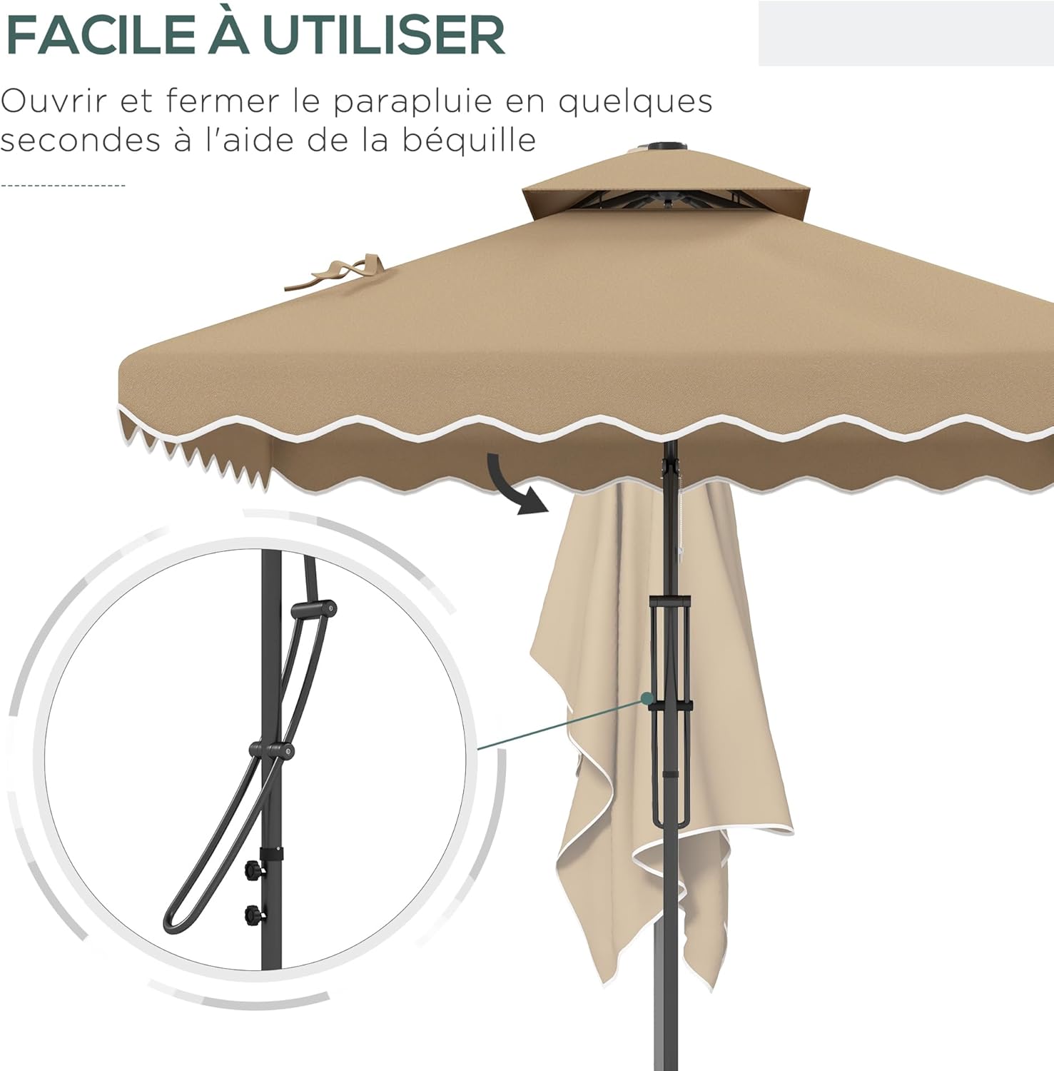Thumbnail 2 de Outsunny Parasol déporté carré avec double toit et lambrequin, pied en croix (kaki)