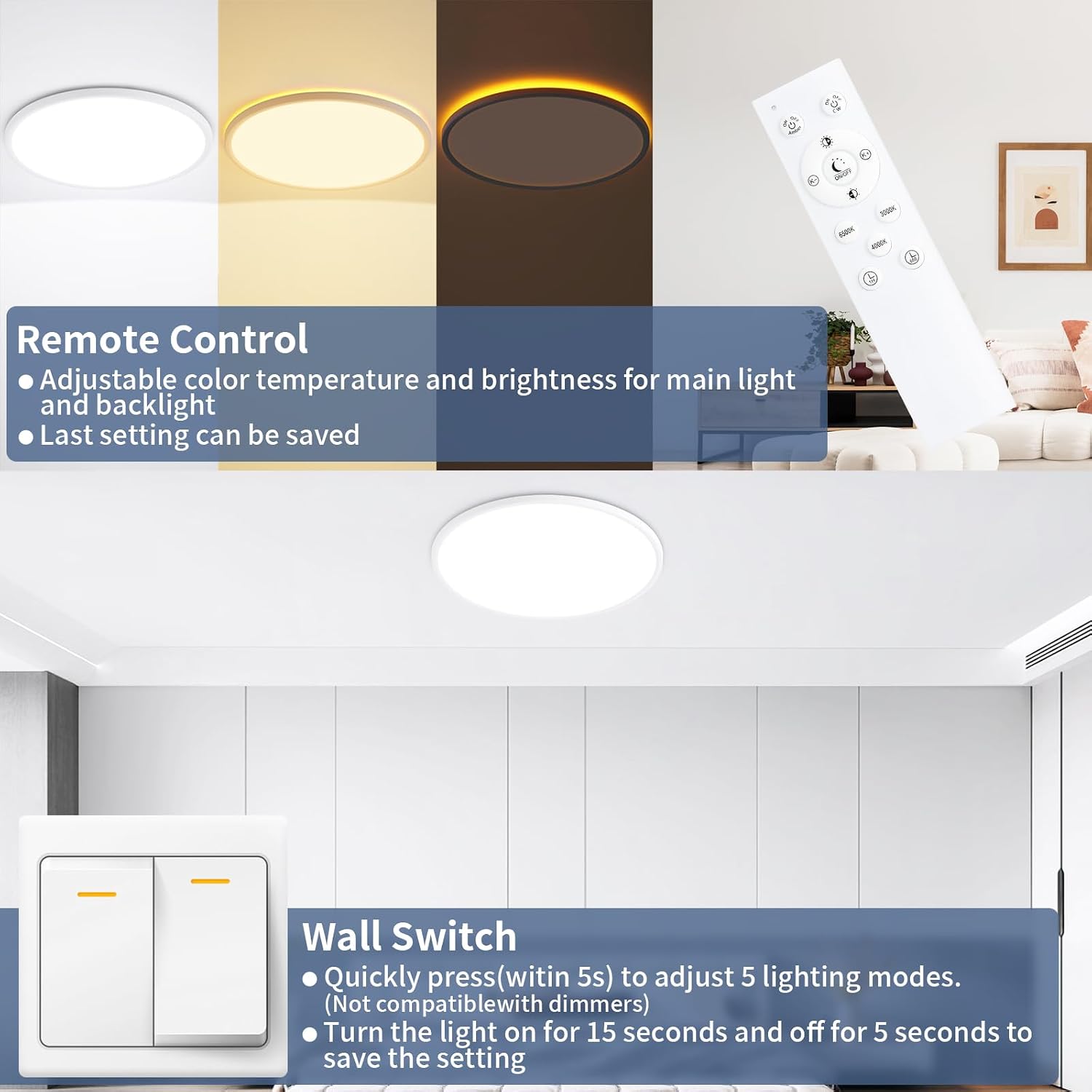 Thumbnail 3 de KIWIVIC 30cm LED Ceiling Light with Dimmable Main Light and 1800K Night Backlight