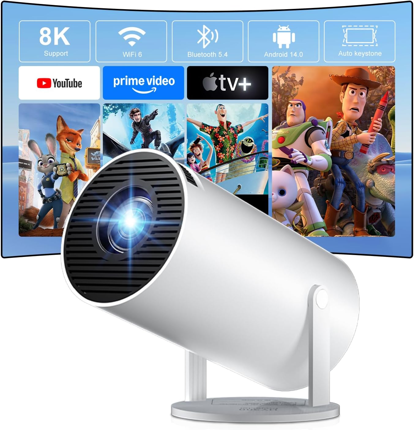Detalle de ZDSSY Mini Projector for Bedroom: 4K/8K Support, Android 14, WiFi 6 & BT 5.4, Auto Keystone, 180° Rotation