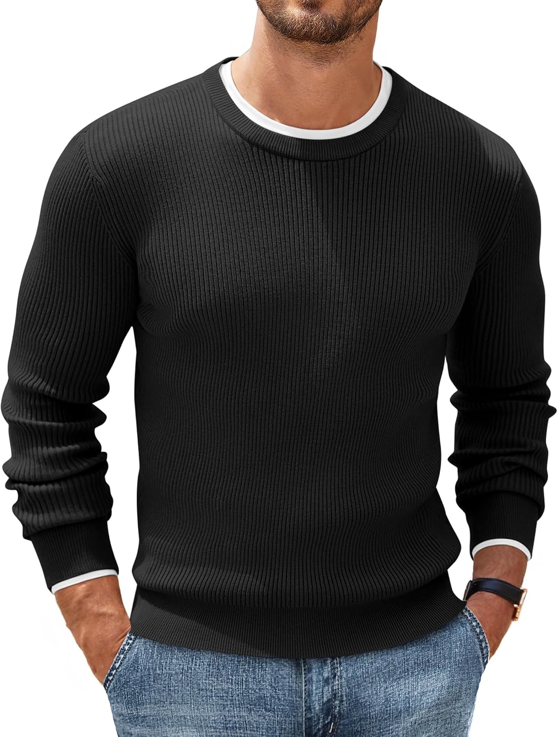 Detalle de COOFANDY Herren Rundhals Pullover Basic aus Feinstrick – Business-Strickpullover mit geripptem Kragen