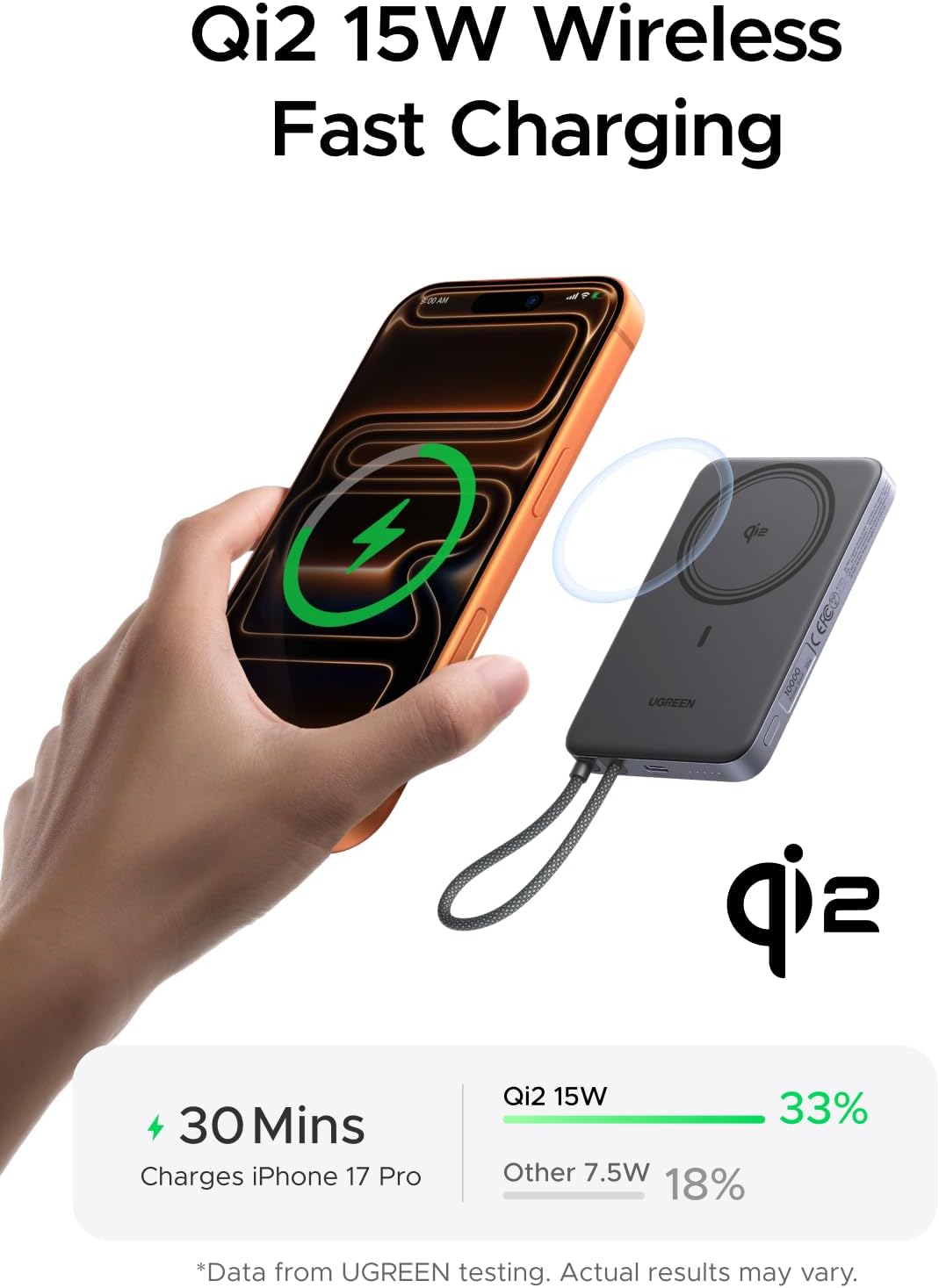 Thumbnail 1 de UGREEN Nexode Ultra-Slim 10000mAh Magnetic Power Bank (Qi2 15W) with Built-in Cable & PD 30W — MagSafe compatible, Black