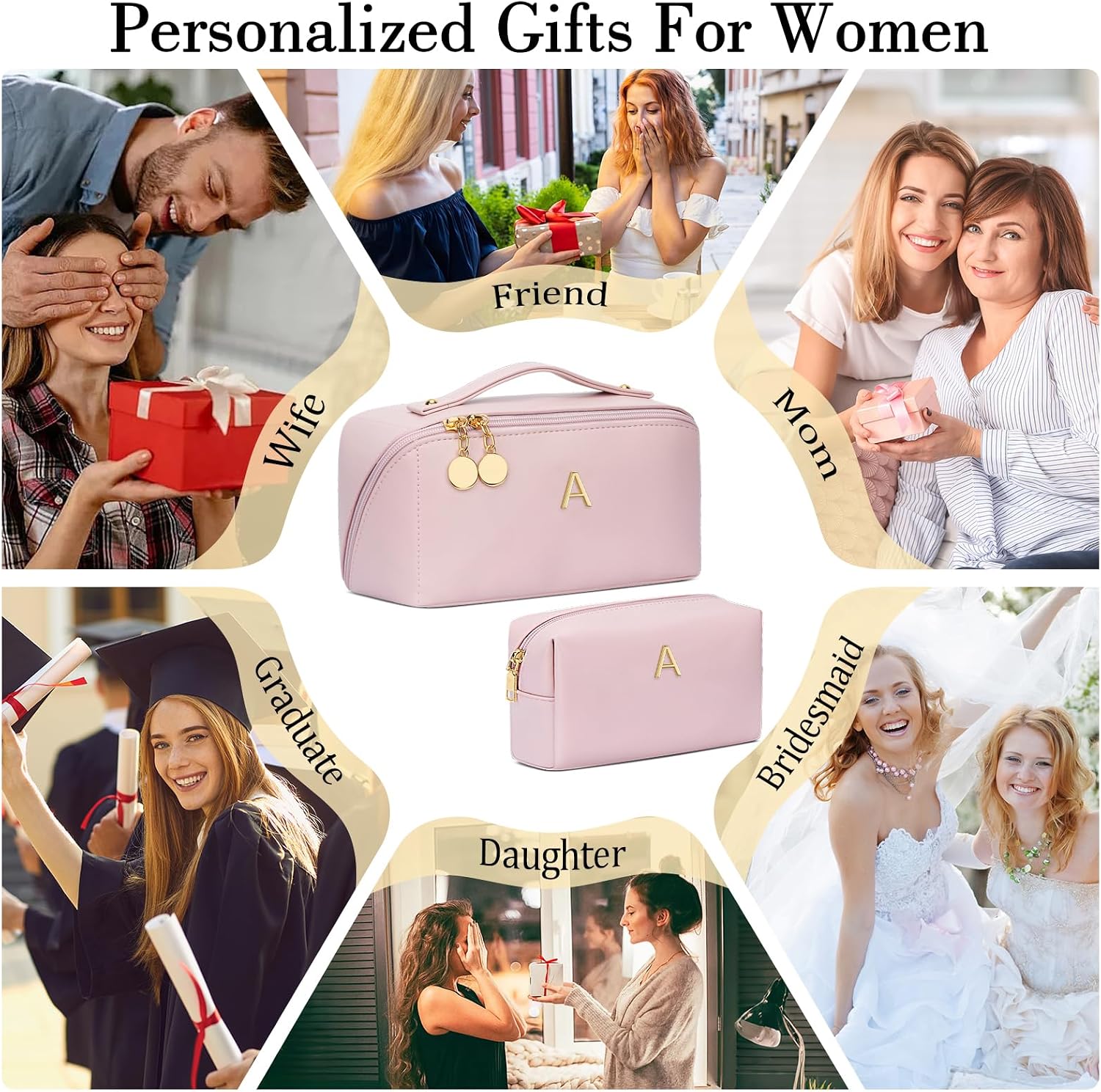Thumbnail 1 de CLOUDWINGS Personalized Initial Makeup Organizer Bag Set (Pink, A)