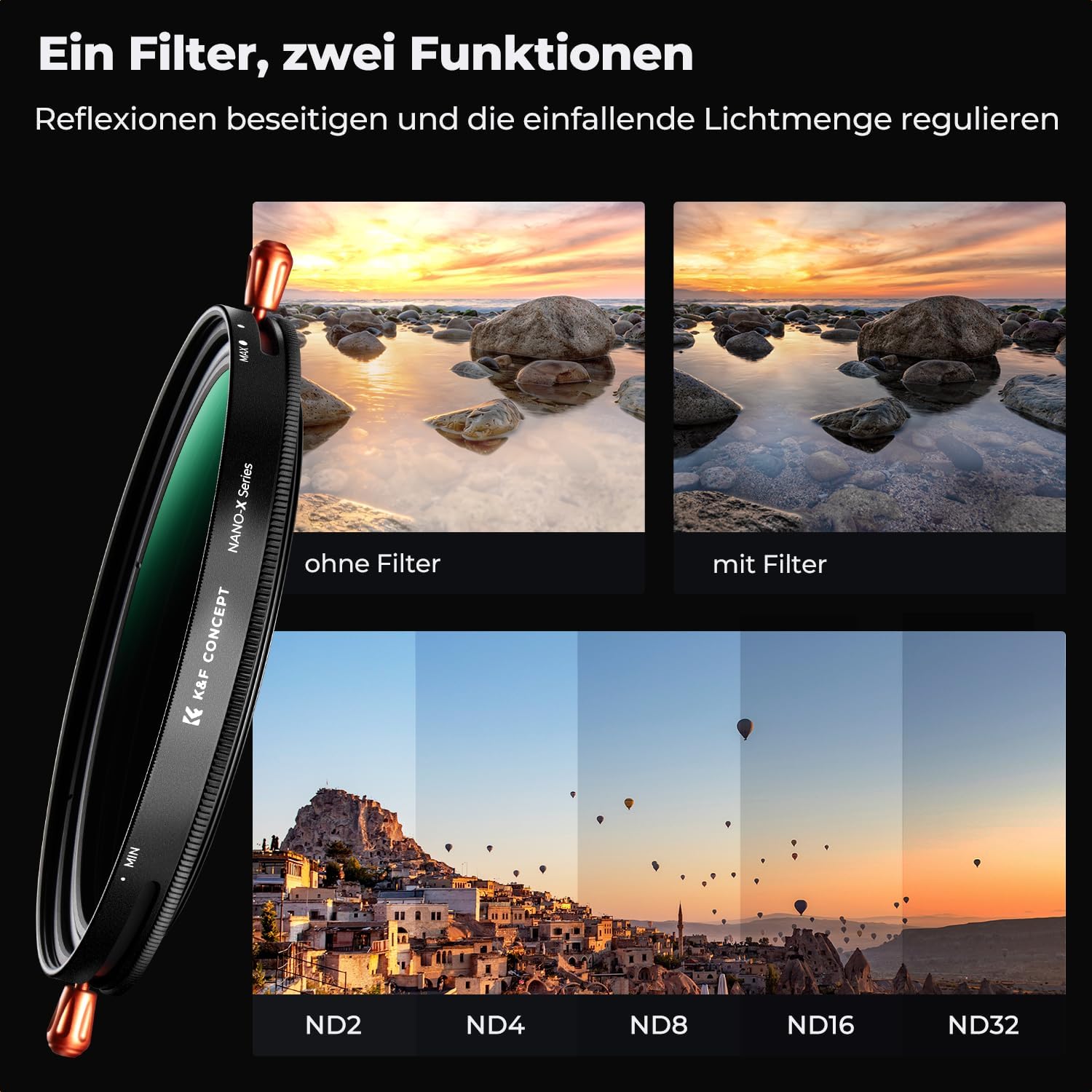 Thumbnail 2 de K&F CONCEPT 82mm 2-in-1 CPL & ND Filter (ND2-ND32) – 1–5 Blendenstufen