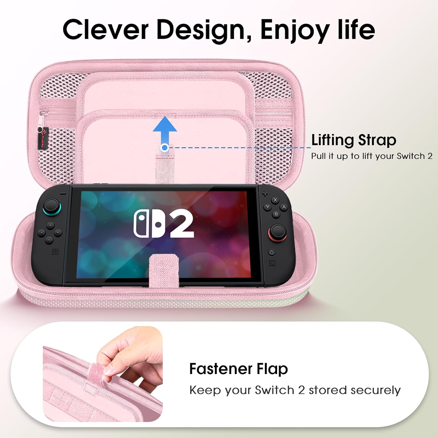 Detalle de FINTIE Tasche für Nintendo Switch 2 (2025) – EVA-Hülle mit Kartenhaltern, Netztasche und Rundum-Reißverschluss (Rosa Grün)