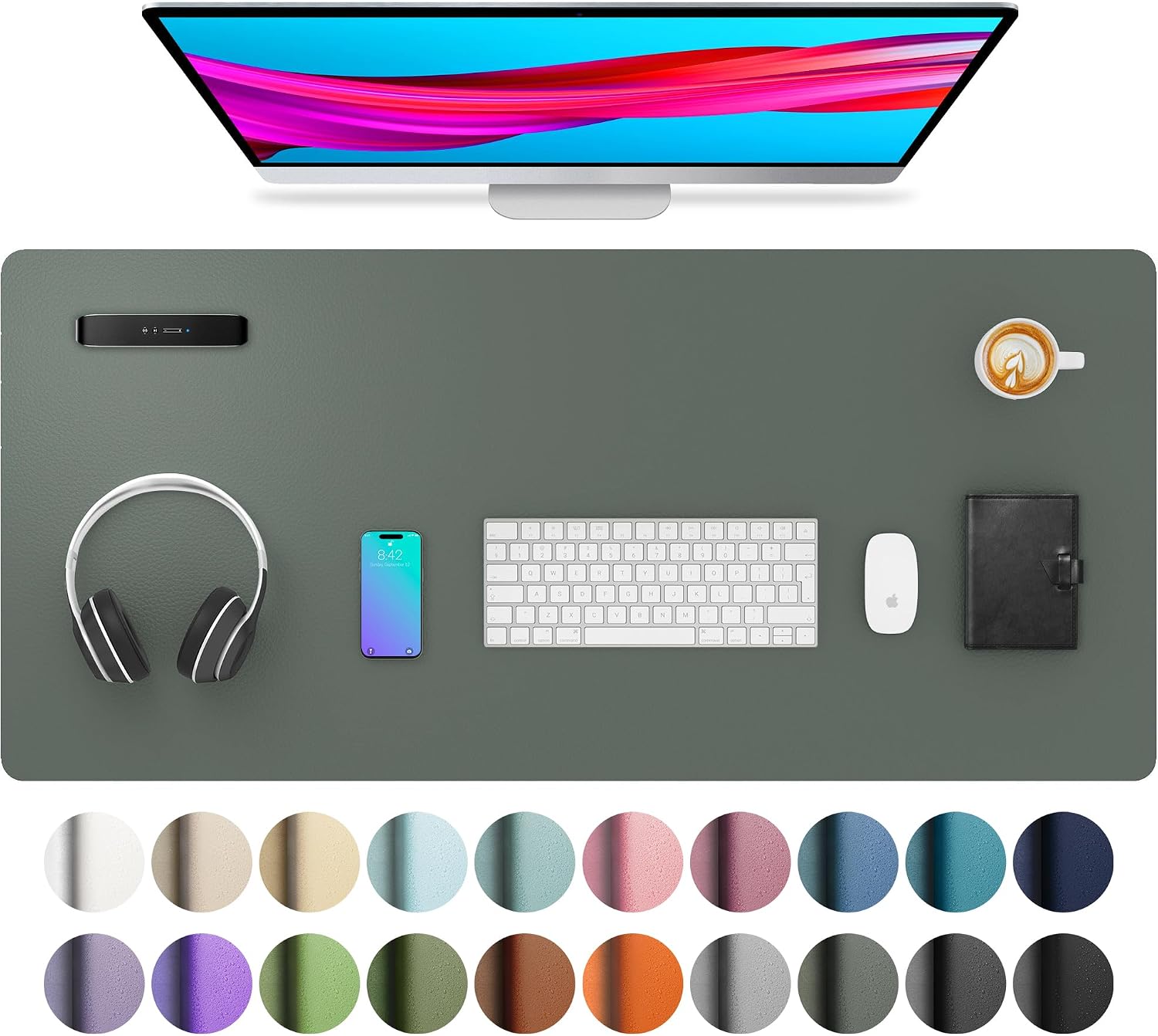 Aothia PU Leather Desk Mat (91x43cm, Jungle Green) – non-slip laptop work surface