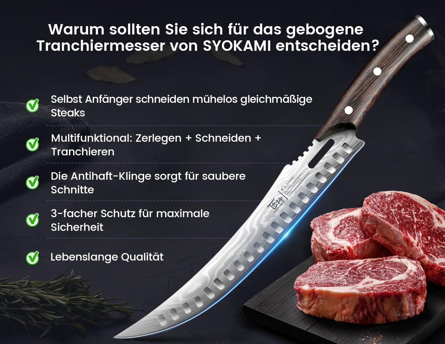 Thumbnail 5 de SYOKAMI 27 cm Fleischermesser im japanischen Stil – gebogenes Tranchiermesser mit Holzgriff, Damastmuster, Geschenkbox