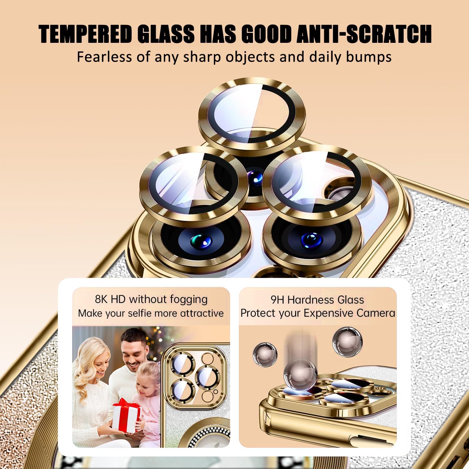 Detalle de Misscase Glitter Magnetic Case for iPhone 16 Pro Max (Gold) – Full Protection with Camera Lens Shield