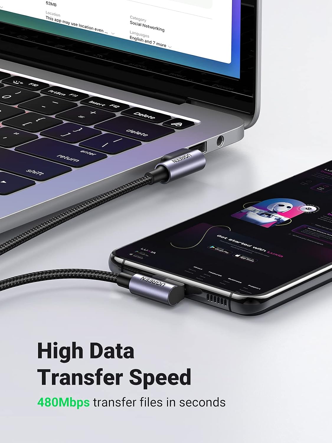 Detalle 2 de UGREEN 20857 USB-A to USB-C Cable, 2m Nylon Braided, 90° Connector