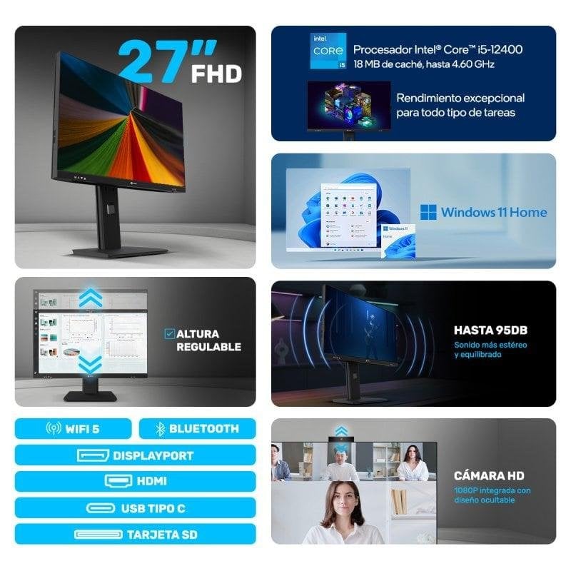 Detalle de Alurin Flow AIO i5-12400/16GB/1TB/27" Windows Home + Altura regulable + Owlotech MK500 Combo