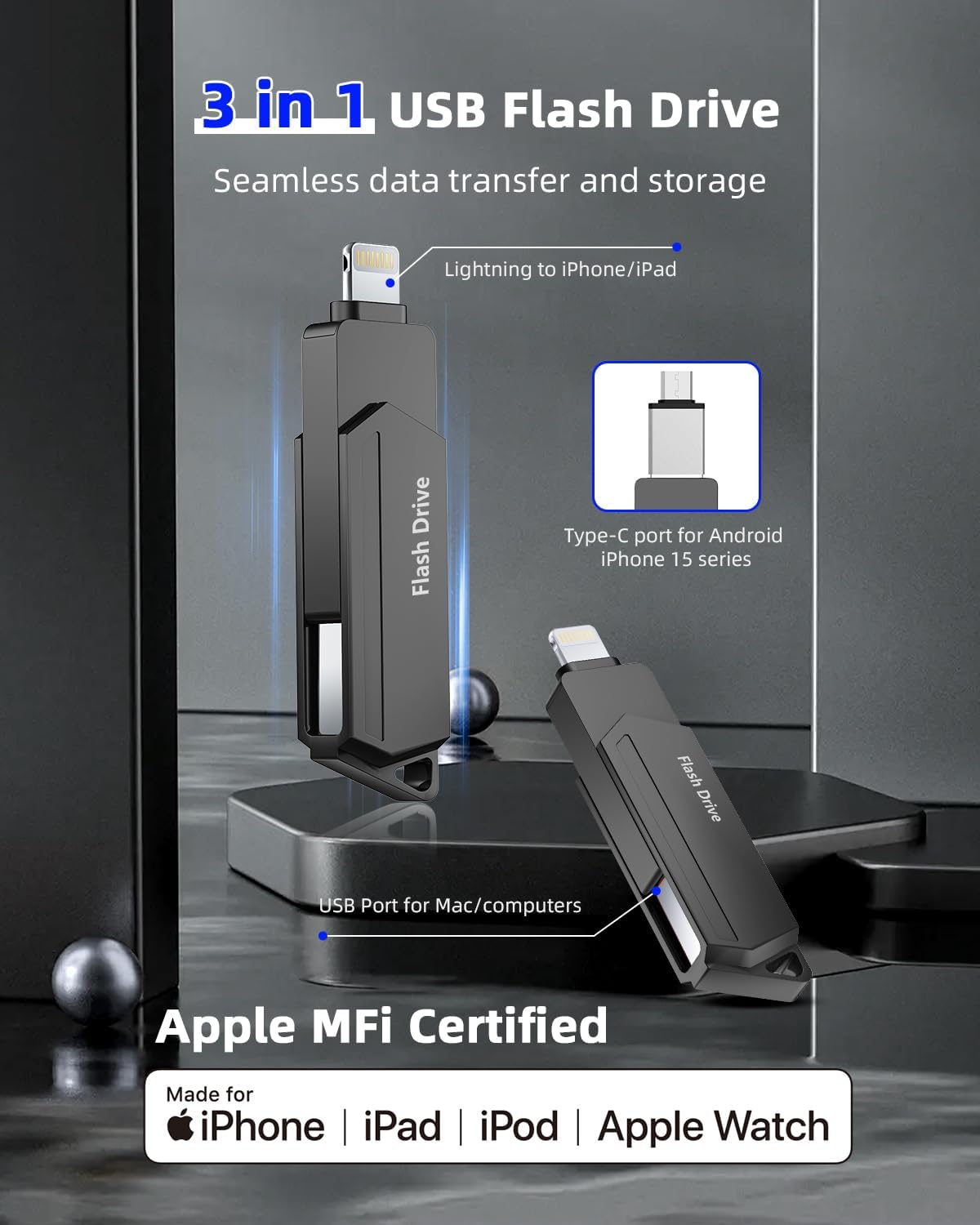 Detalle 2 de 512GB iPhone USB‑Stick MFi, 3‑in‑1 Lightning, Type‑C