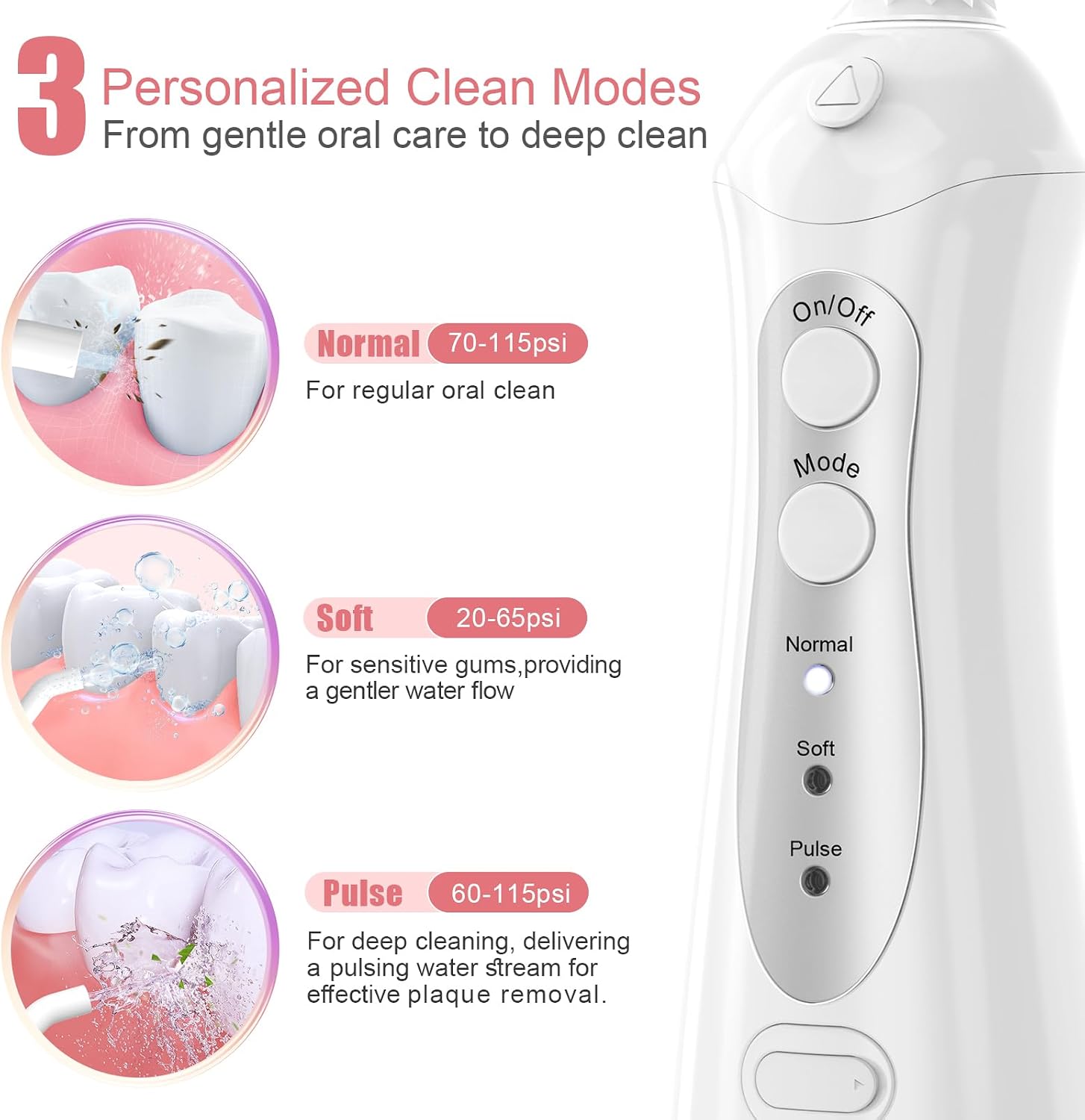 Detalle de Nicefeel Cordless Water Flosser (300ml) with 4 Jet Tips, 3 Modes, USB Rechargeable, IPX7 Waterproof