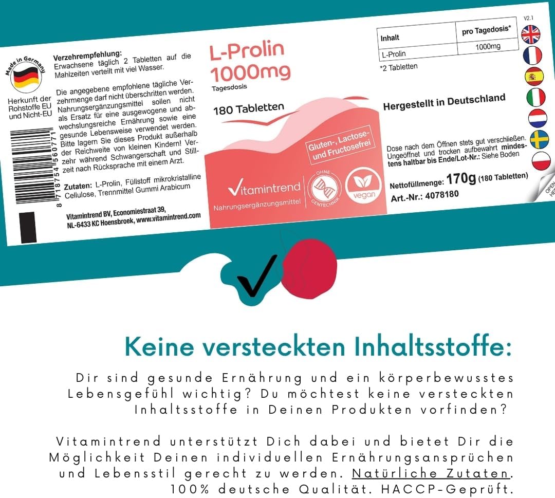 Thumbnail 3 de Vitamintrend L-Prolin 1000 mg pro Tagesdosis – hochdosiert, vegan, in Deutschland hergestellt