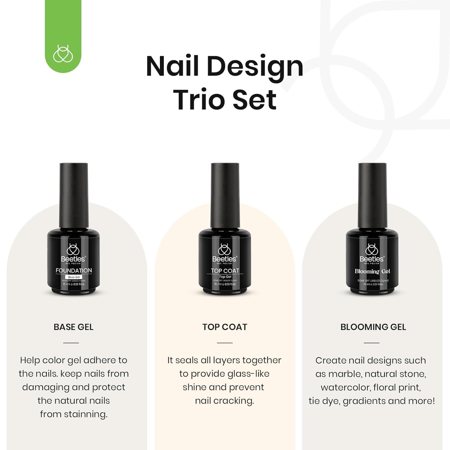 Detalle 2 de Beetles Blooming Gel & Base Top Coat Set – 3pcs 15ml for Marble & Blooming Nail Art