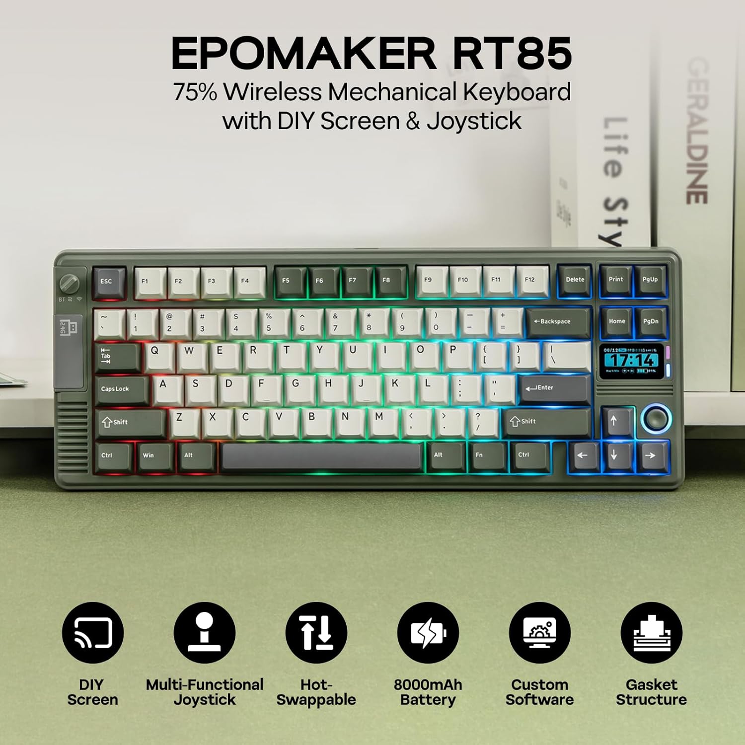 Thumbnail 1 de EPOMAKER RT85 wireless mechanical keyboard (75% Gaming) with joystick, DIY TFT screen & hot-swap – US QWERTY – creamy switches