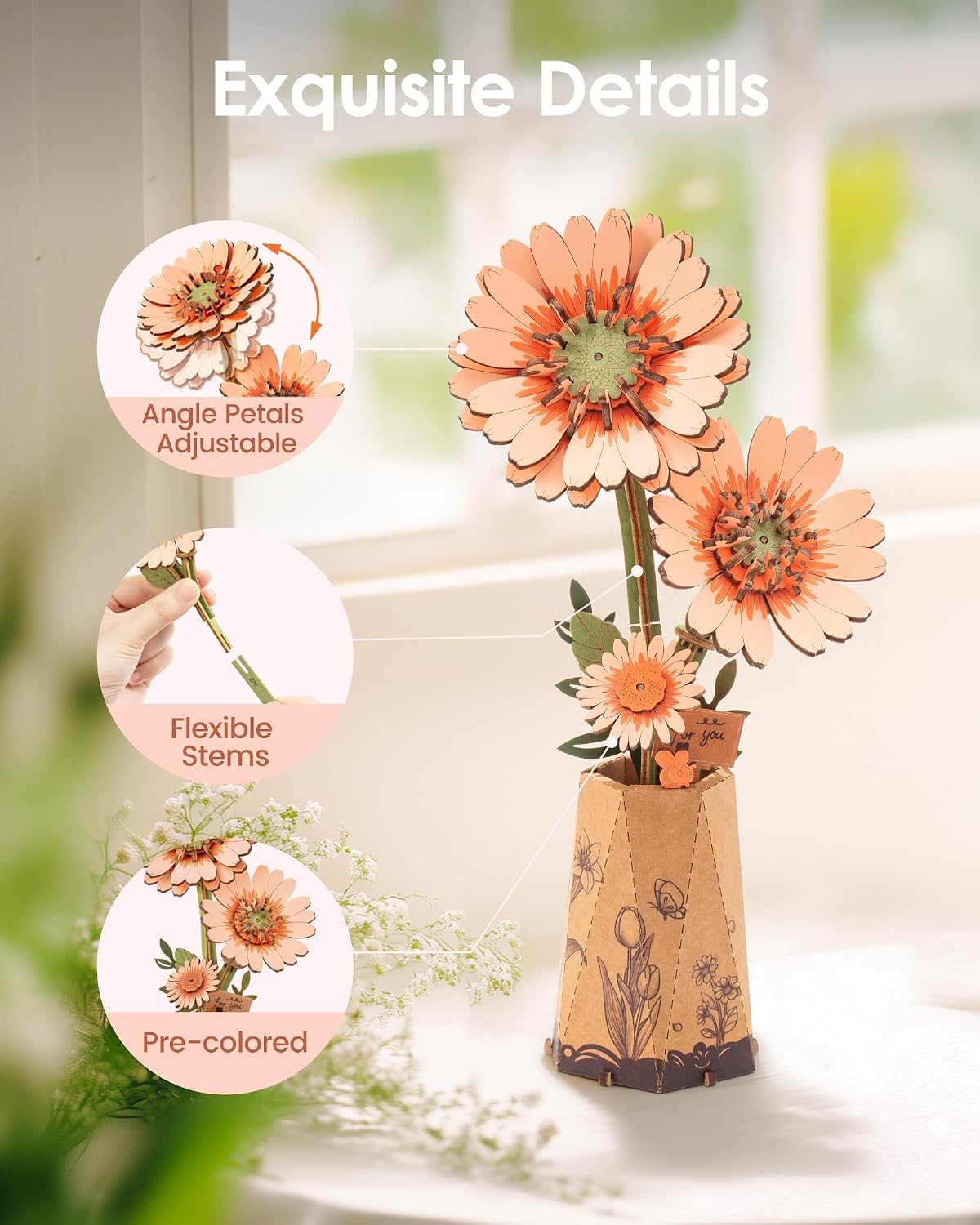 Detalle de ROBOTIME 3D Wooden Flowers Puzzle Light Orange Gerbera Daisy – DIY Kit for Adults