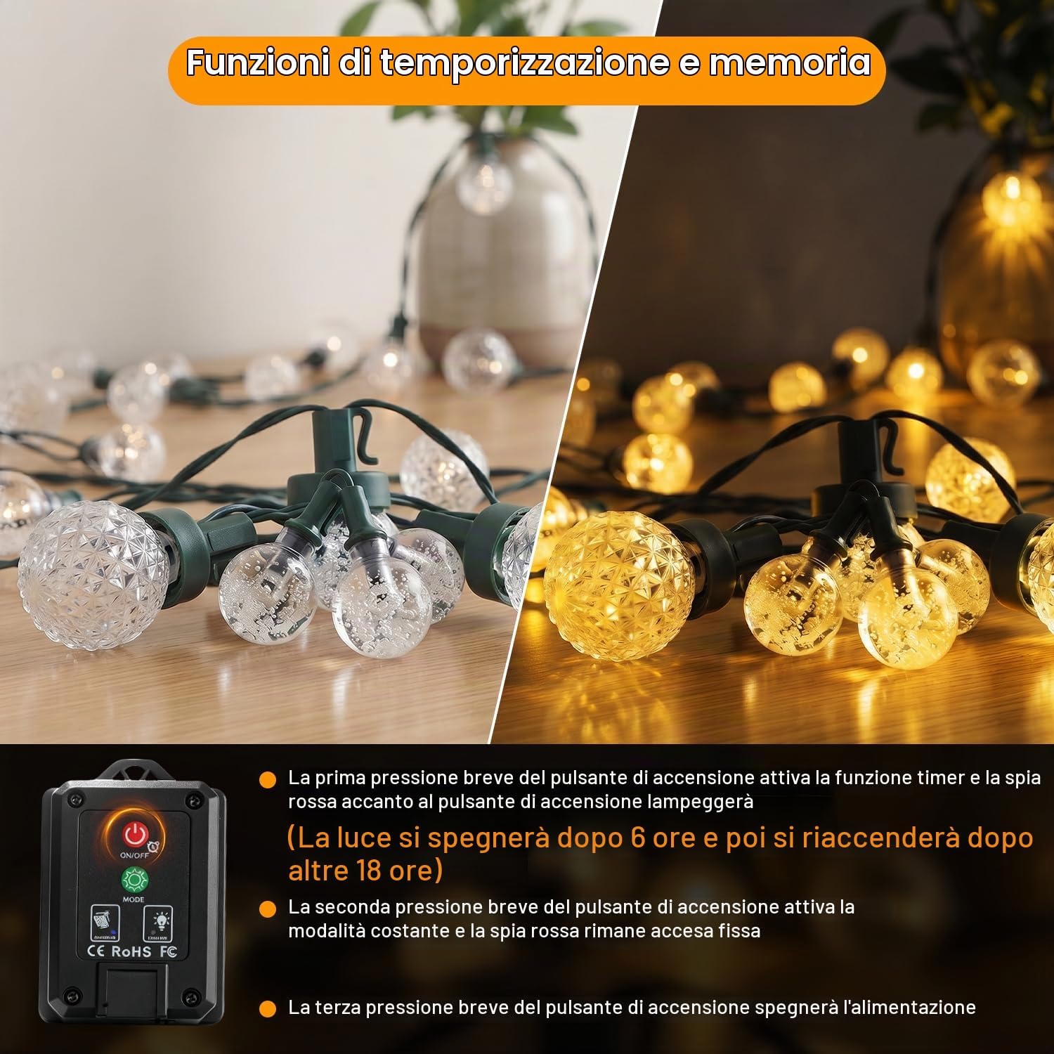Thumbnail 4 de FIFlying Catena Luminosa Solare da Esterno 64 LED 11,6 m – Luce Bianca Calda IP65, 8 Modalità, Timer e Memoria