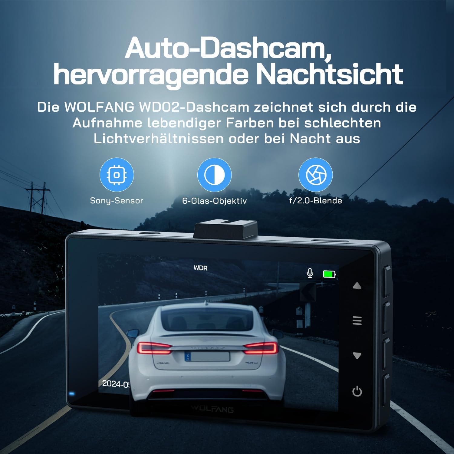 Detalle 2 de WOLFANG Dashcam Auto vorne & hinten 2,5K + 1080P mit 170° Weitwinkel, WDR und 24h Parkmodus inkl. 32-GB-SD