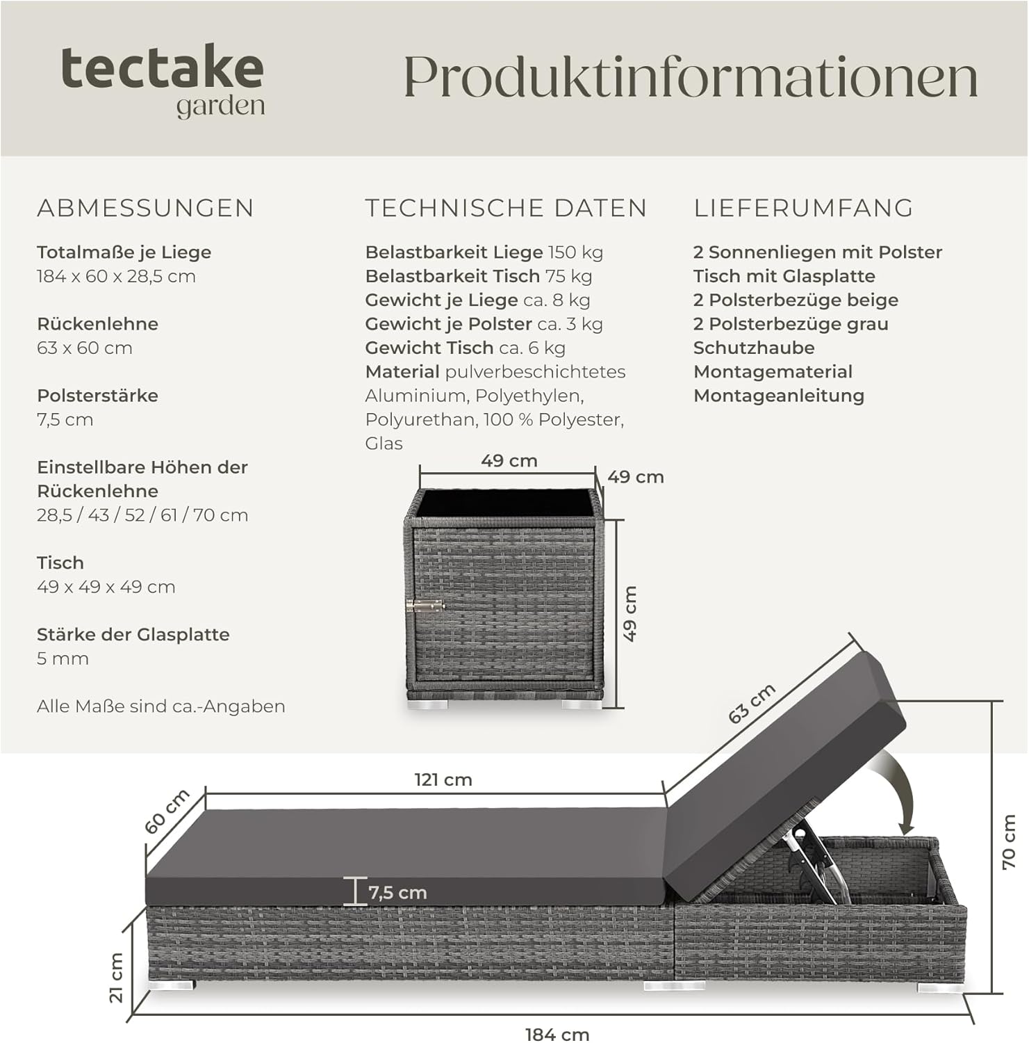 Thumbnail 6 de tectake® 2er Garten Lounge Sonnenliegen-Set mit Tisch (2er Set, grau)