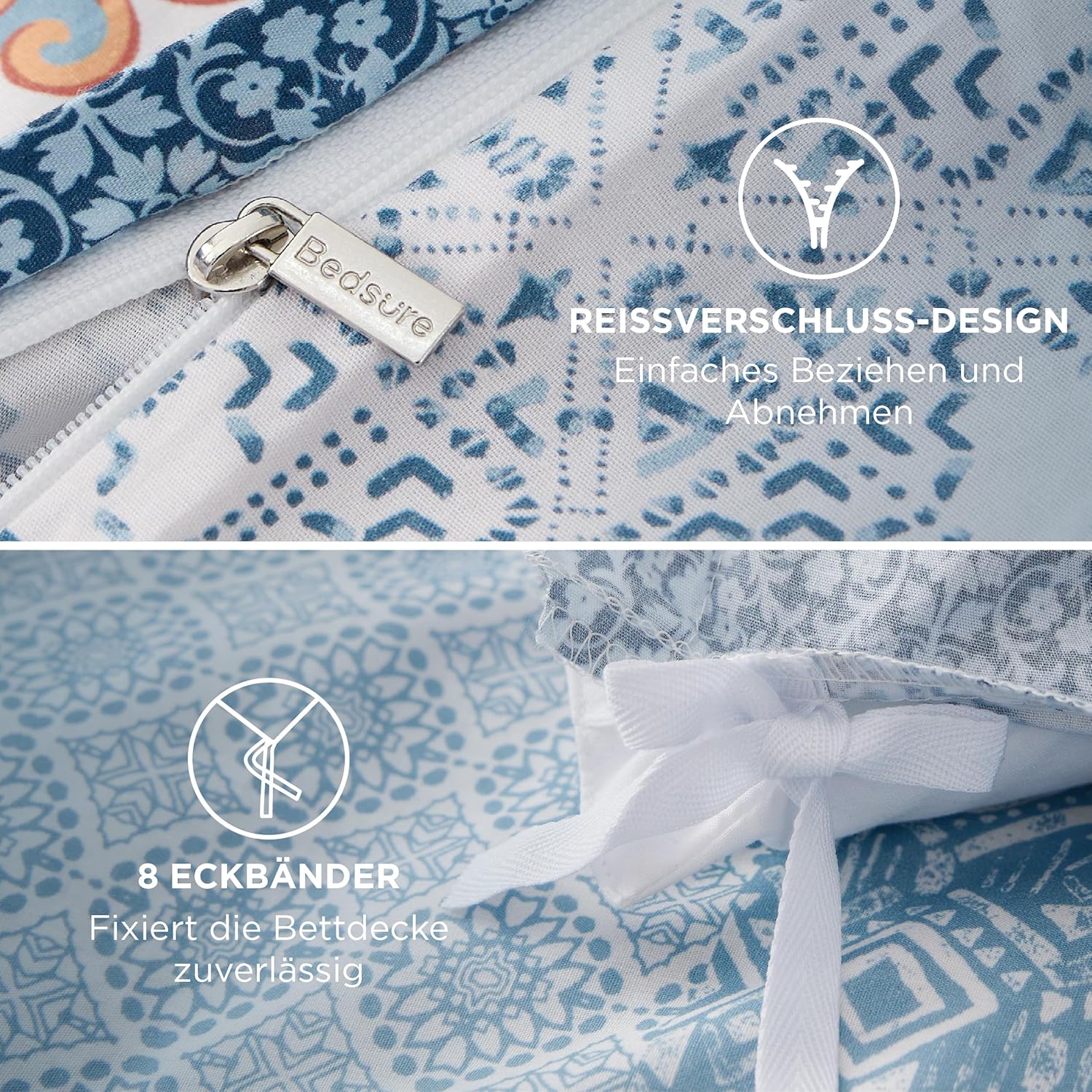 Thumbnail 4 de BEDSURE Bettwäsche 200x200 Baumwolle – Wendebettwäsche Blau Boho, 3-teilig (1x Bettbezug 200x200, 2x Kissenbezüge 80x80) mit Reißverschluss