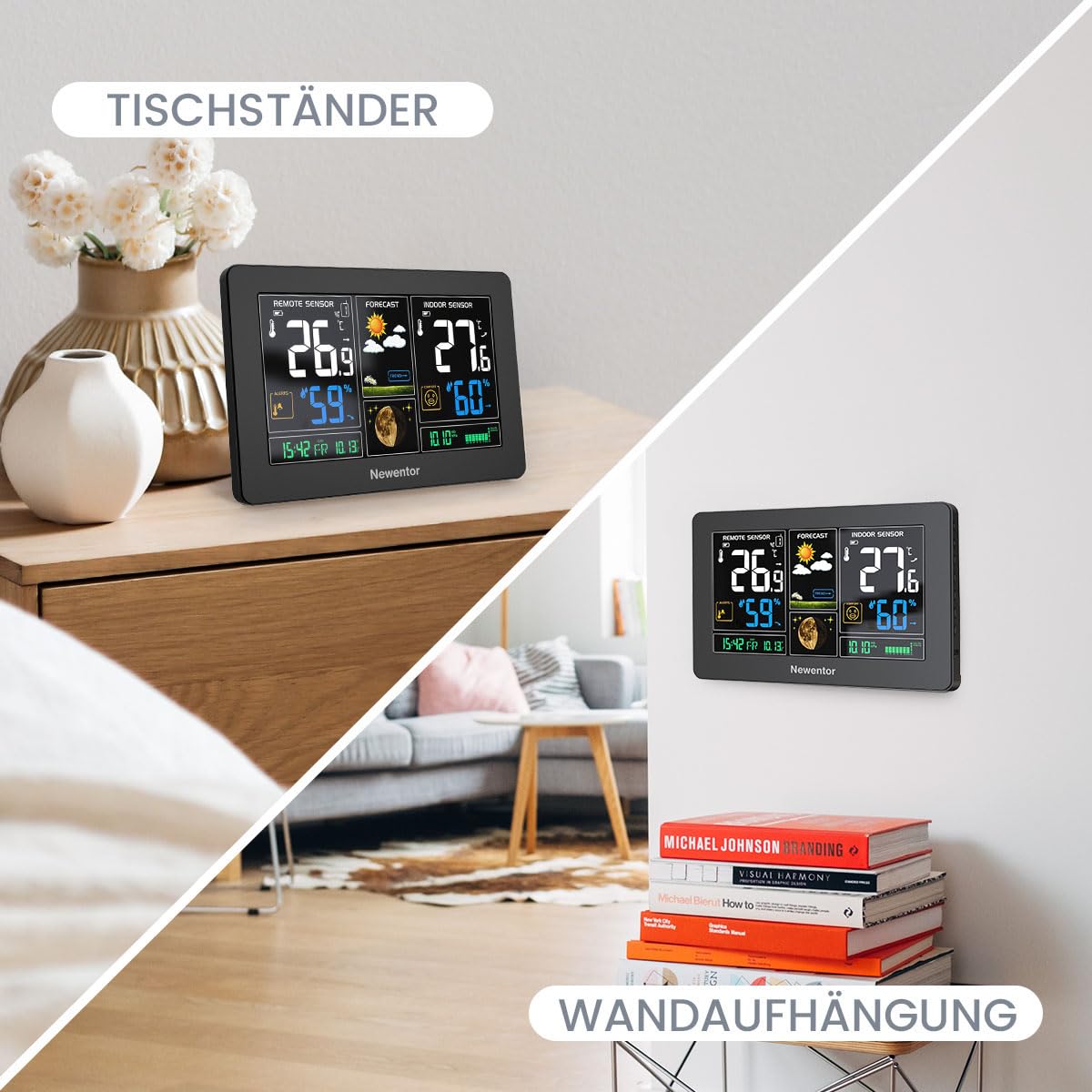 Thumbnail 6 de Newentor Funk-Wetterstation mit Außensensor (DCF-Funkuhr) – Schwarz, mit Wettervorhersage & Temperaturwarnung