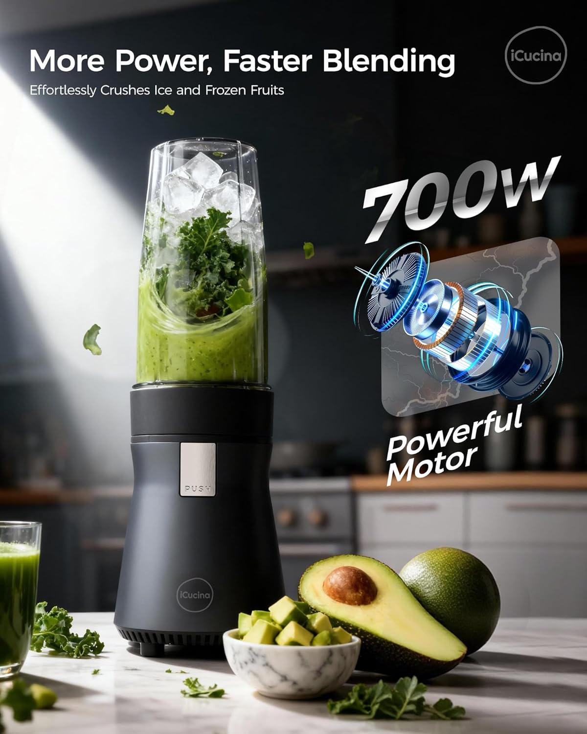 Thumbnail 1 de iCucina Smoothie Blender (700W Pulse Technology) with 2 x 28oz Portable Cups for Smoothies