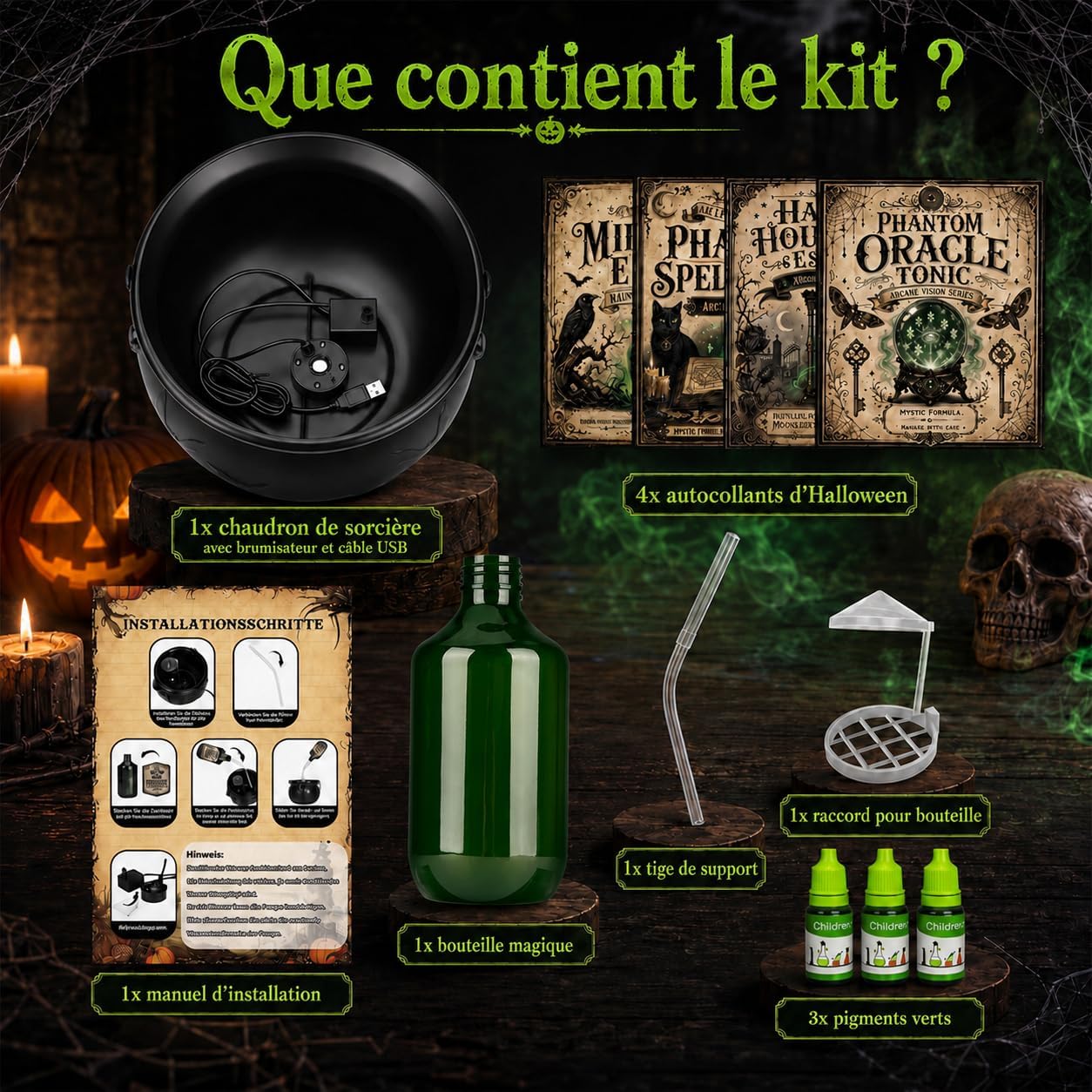 Detalle 1 de ShadowRealmTech 0018 Halloween-heksenketel met USB-vernevelaar en groen licht
