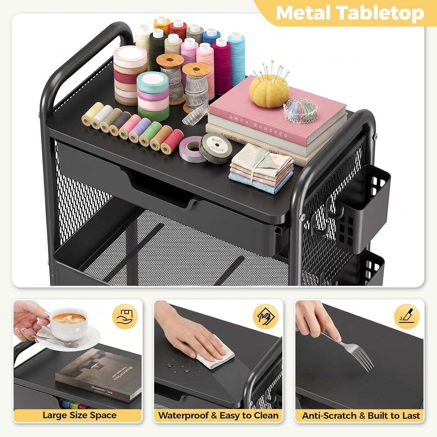 Detalle de KINGBOARD RY810536 3-Tier Metal Rolling Cart with Drawer, Hooks and Locking Wheels