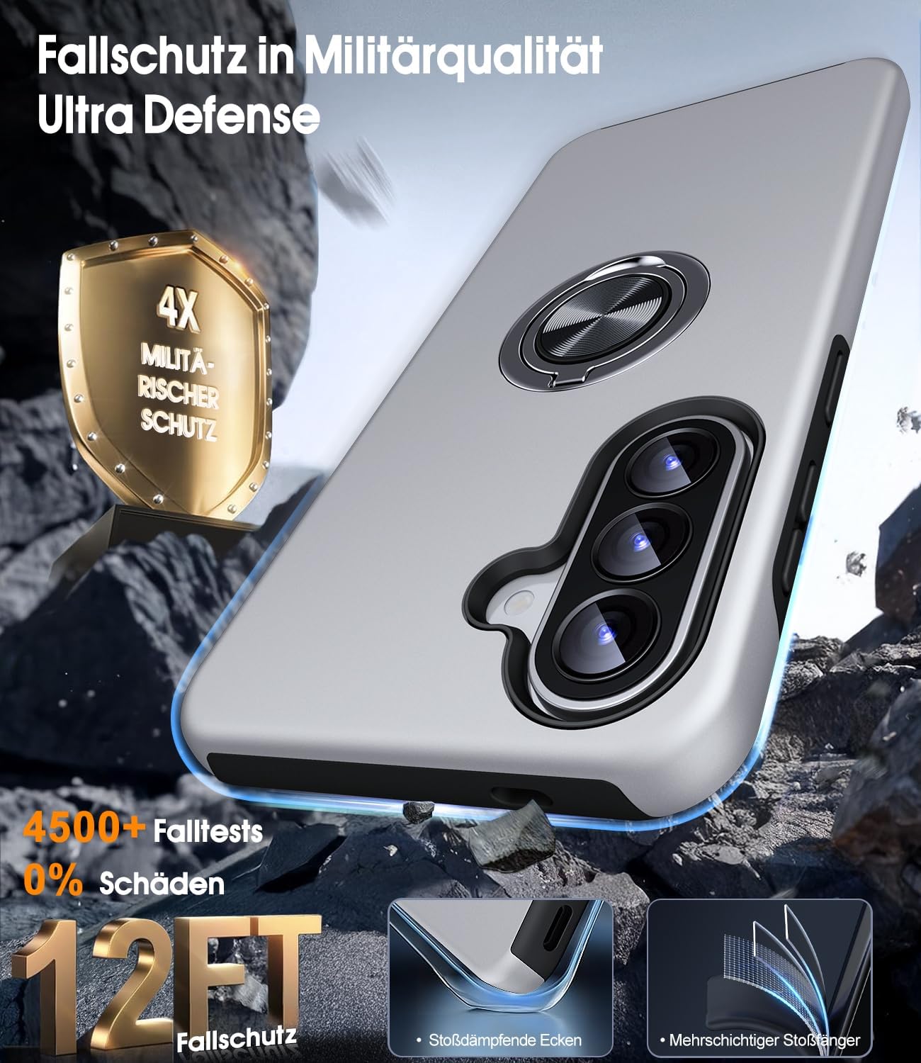 Detalle de AOUIA Hülle für Samsung Galaxy A57 5G mit 2 PanzerGlas‑Schutzplatten – Militärischer Stoßschutz, 360° Ringständer