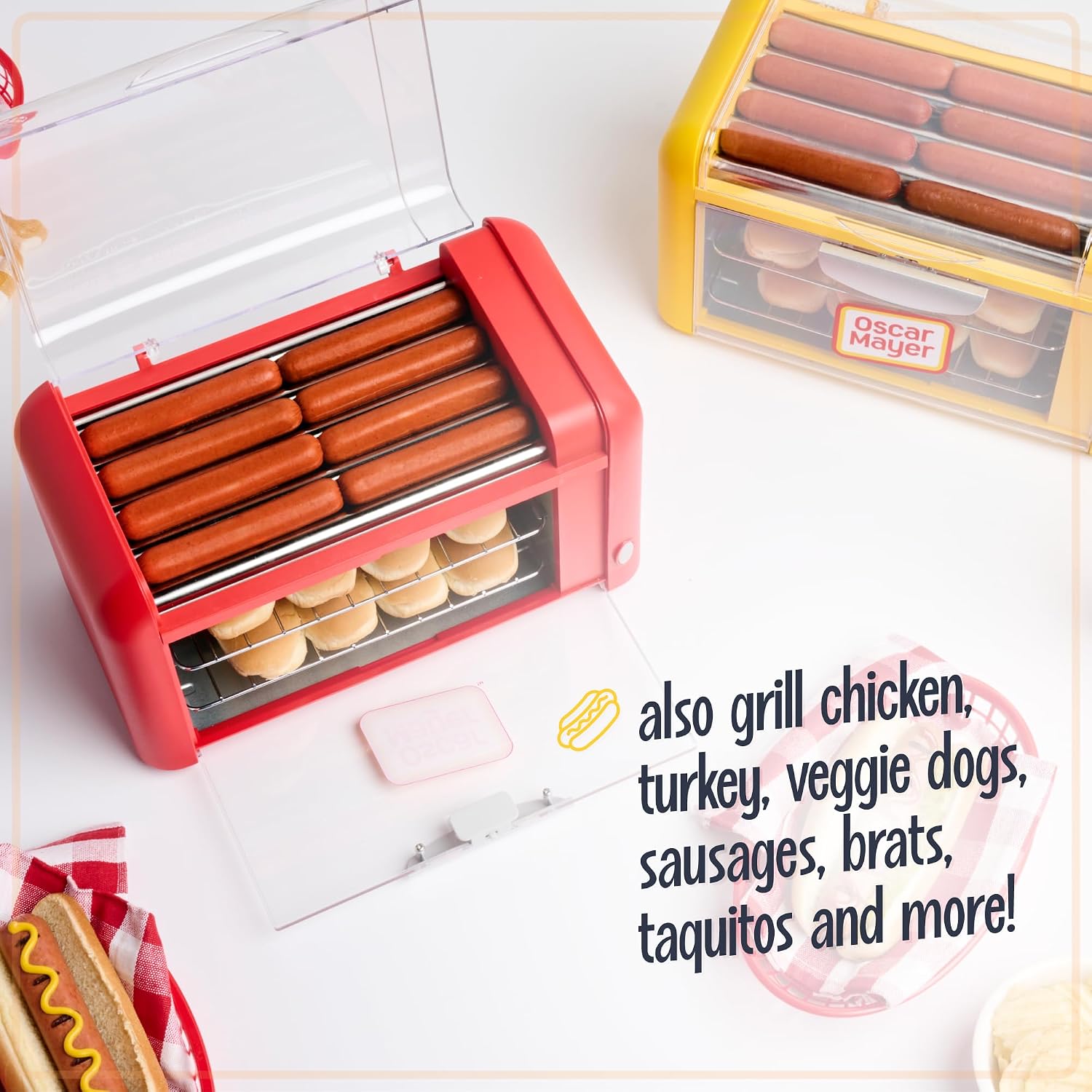 Detalle de Nostalgia Oscar Mayer Hot Dog Roller & Bun Toaster, 8-Dog Capacity, Yellow