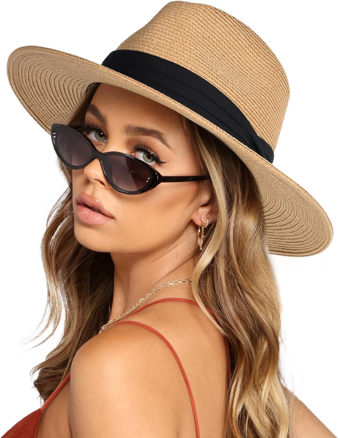 Detalle de FURTALK wide brim straw panama hat fedora for women & men (UPF straw summer sun hat)