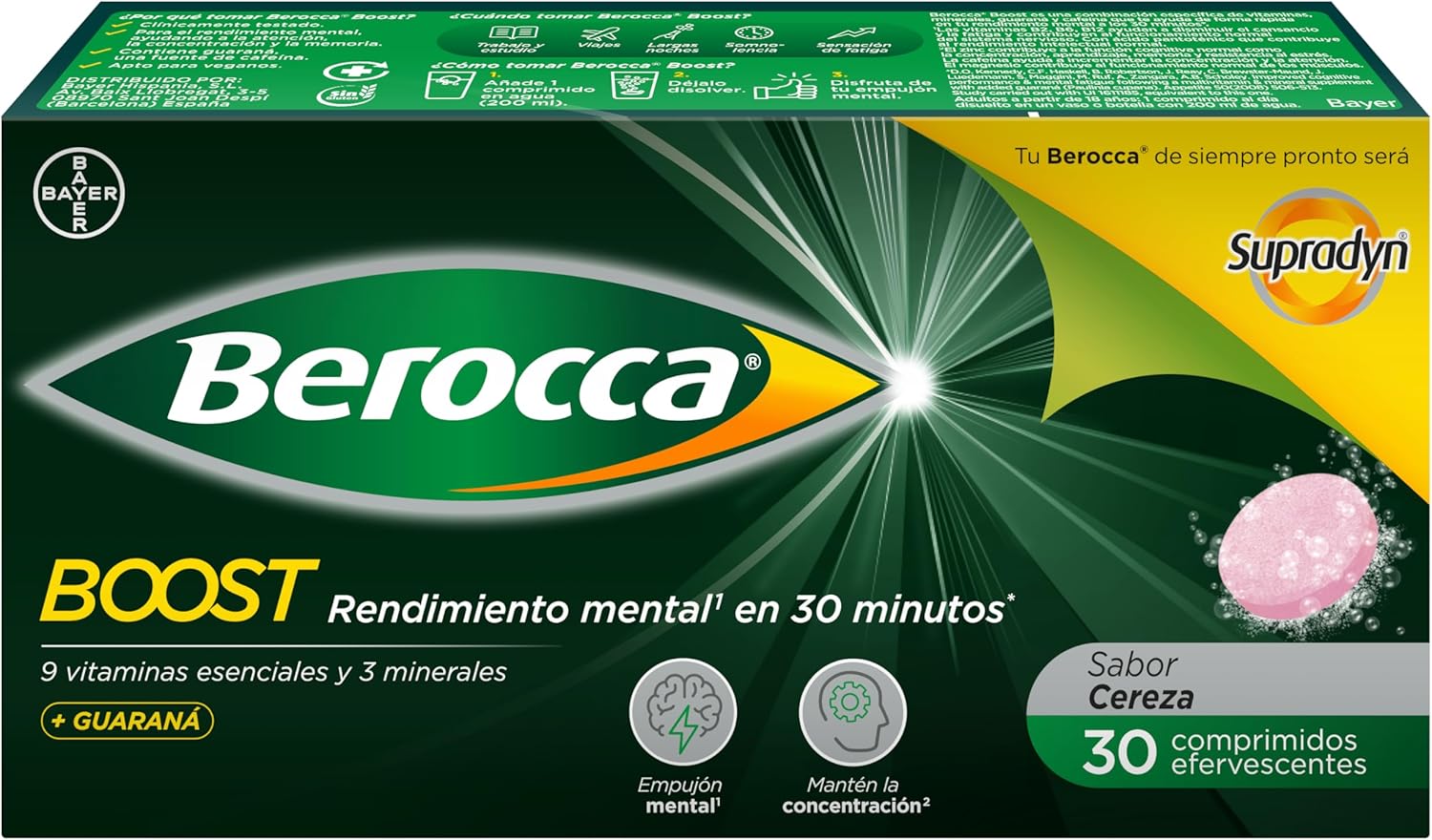 Detalle de Berocca Boost Complejo de Vitaminas y Minerales con cafeína y guaraná natural (30 comprimidos efervescentes)