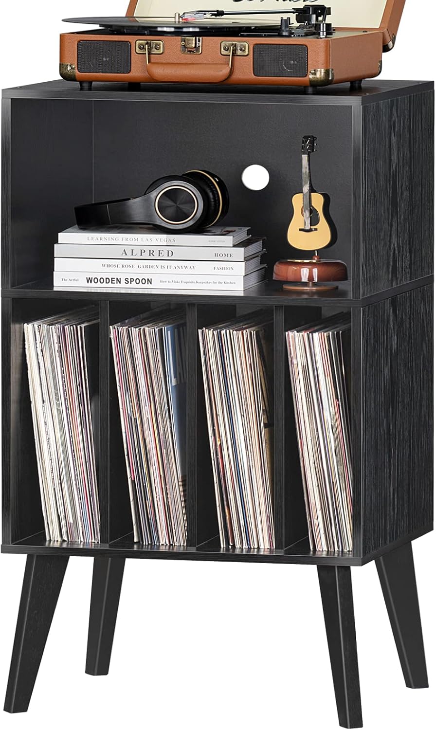 Detalle de Lerliuo Record Player Stand, Black – Mid-Century Vinyl Storage with Solid Wood Legs (Holds 160 Albums)