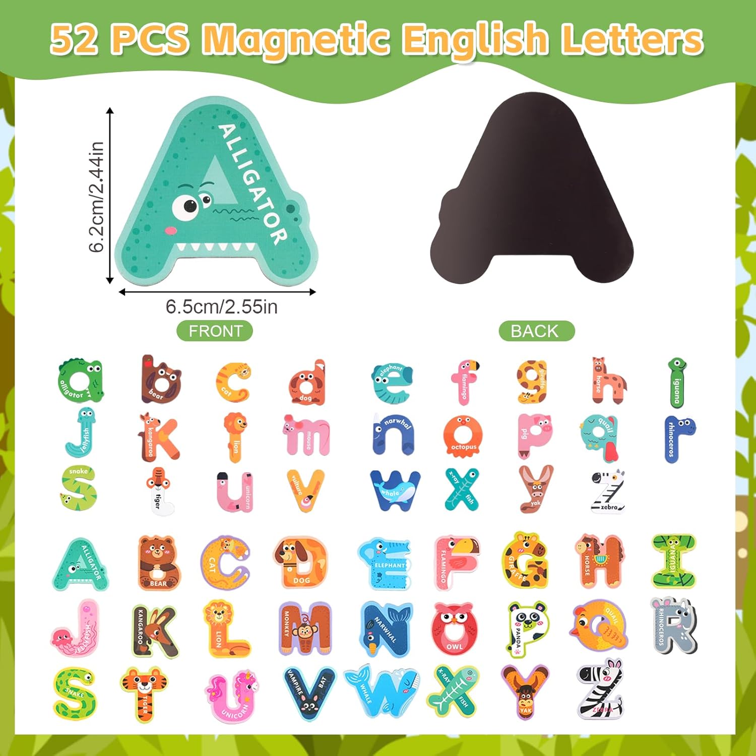 Detalle 2 de 52-piece magnetic letter set for kids (uppercase & lowercase) with animal design