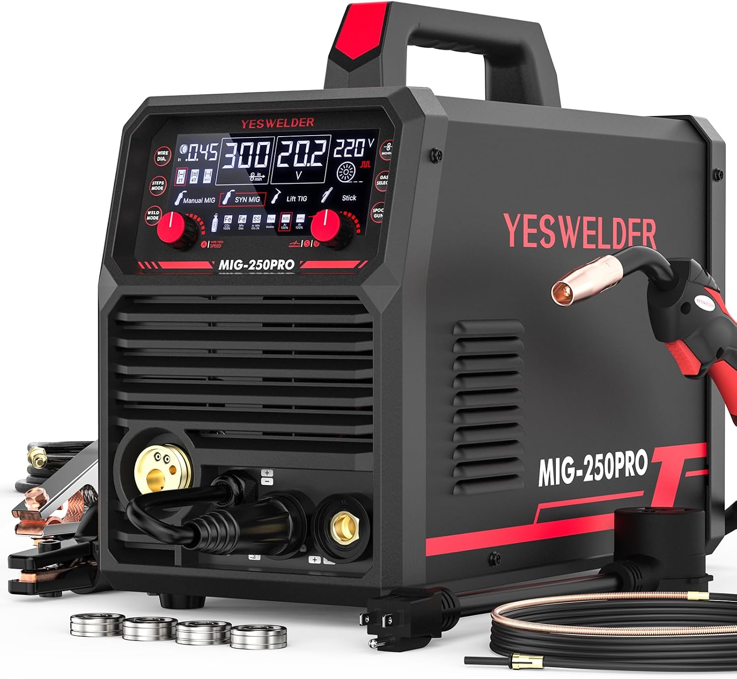 Detalle de YESWELDER 250A 6-in-1 MIG Welder, Dual Voltage with Digital Display