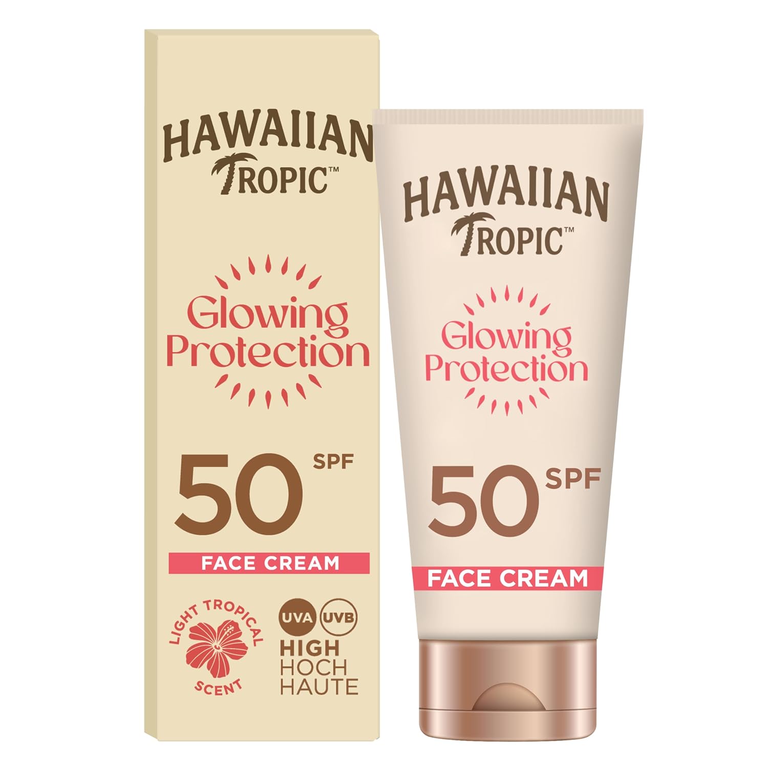 Detalle de Hawaiian Tropic Glowing Protection Gesichts-Sonnenlotion – LSF50, wasserfest, mit Sheabutter und tropischem Duft