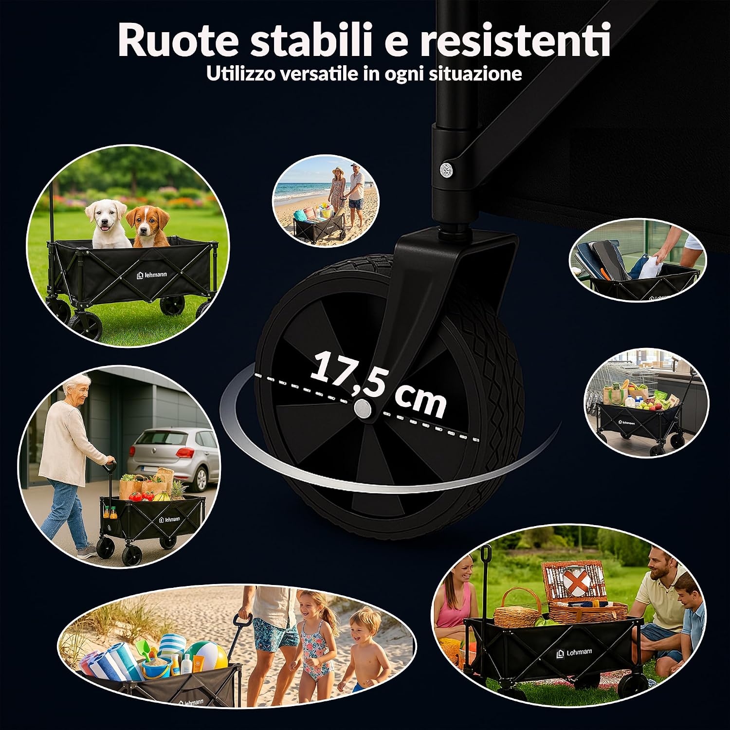 Detalle de LEHMANN MOBI Carrello Spiaggia Pieghevole 110L con Ruote Grandi: versatilità per mare, giardino e spesa