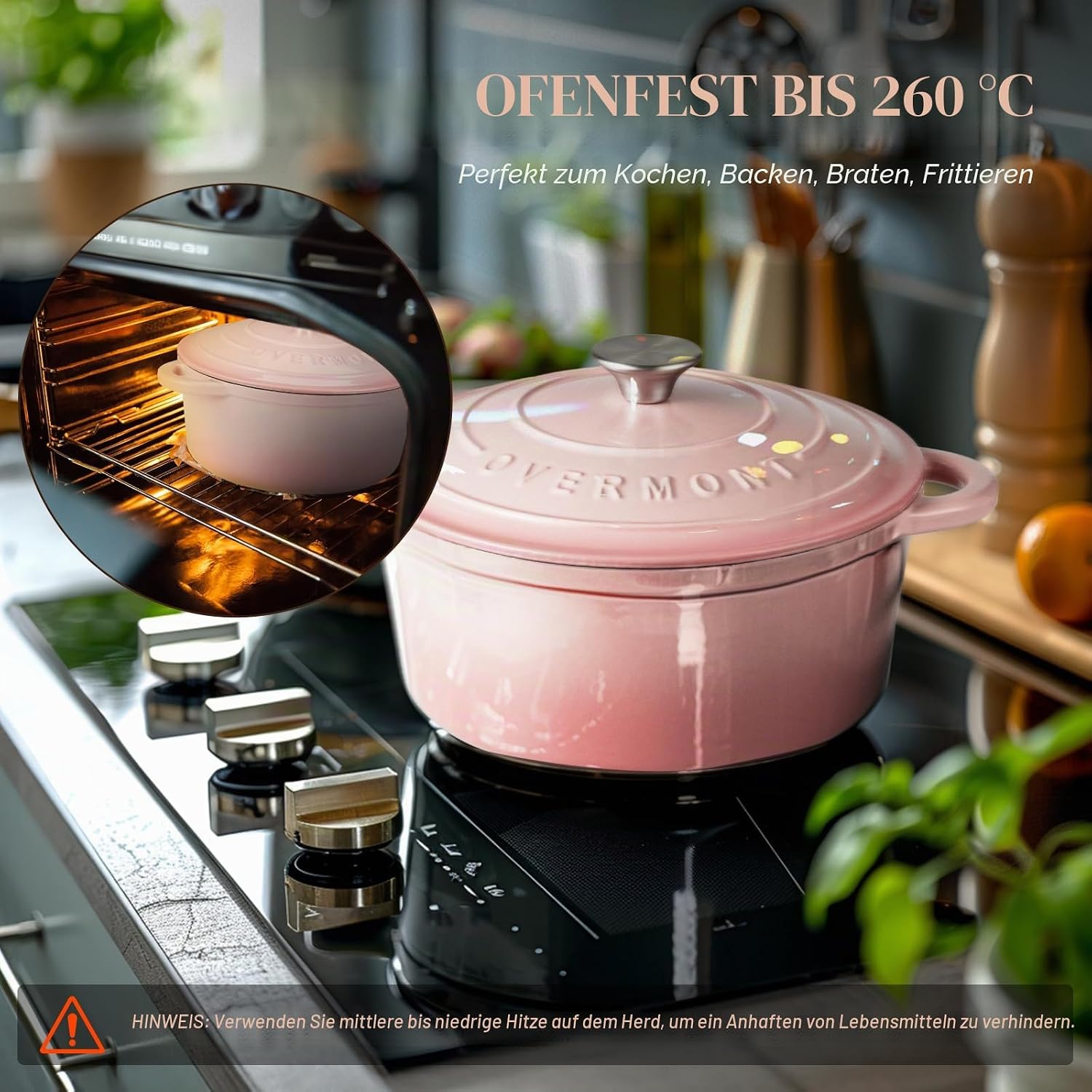 Detalle de Overmont Bräter emaillierte Gusseisen Topf Ø 24 cm mit Deckel – Schmortopf, backofengeeignet