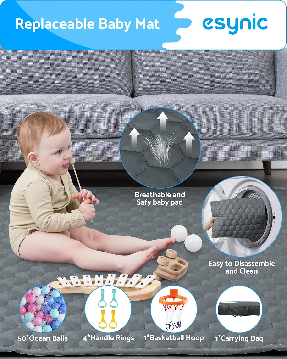 Detalle de eSynic Large Foldable Baby Playpen (150 x 150cm) with Soft Mat, 50 Balls & Basketball Hoop