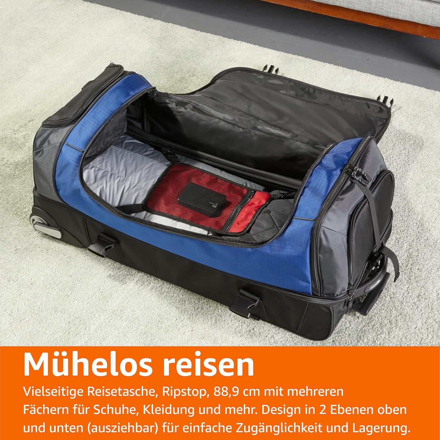 Detalle 2 de Amazon Basics Reisetasche mit Rollen, 137 L – robuster Trolley aus Ripstop-Gewebe, Blau