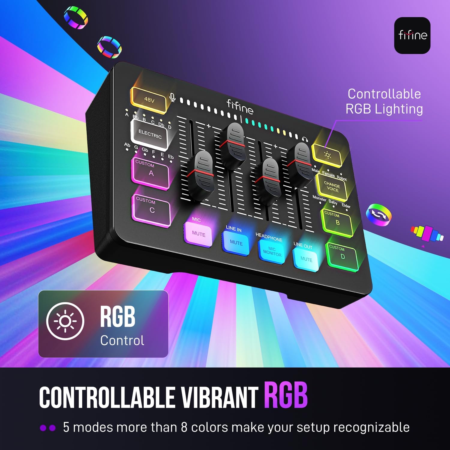 Detalle de FIFINE SC3 4-Channel RGB Gaming Audio Mixer with XLR Input and 48V Phantom Power