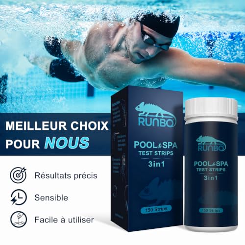 Detalle de RUNBO 3 en 1 Testeur Piscine – 150 bandes pour chlore libre, pH et alcalinité totale