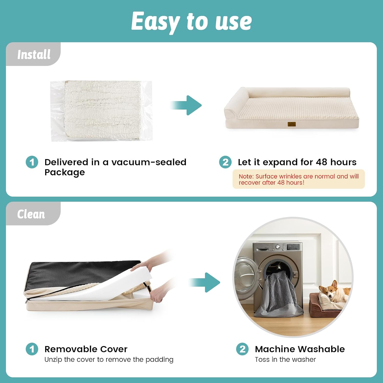 Detalle de COZY KISS Orthopädisches Hundebett – L-Form, 36x27x6,5 Zoll, Beige