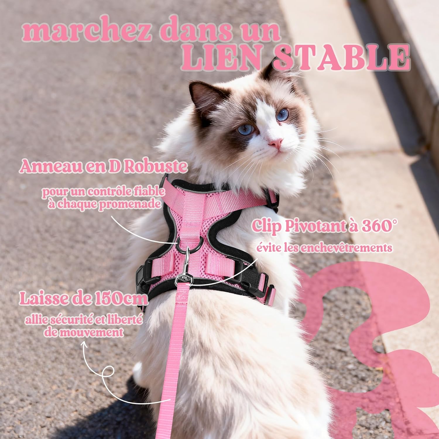 Detalle de Rabbitgoo Harnais Chat Petit Chien et Laisse – XS Rose, Réglable et Réfléchissant