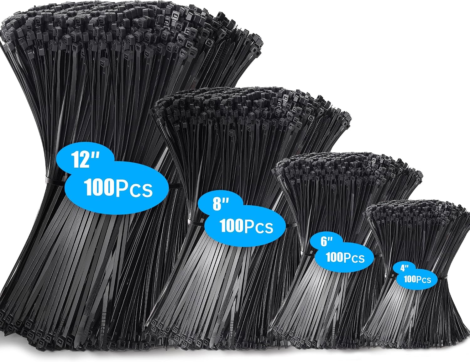 Detalle de Hosuni zwarte kabelbinders, 400 stuks in vier lengtes, PA6.6 en uv-bestendig