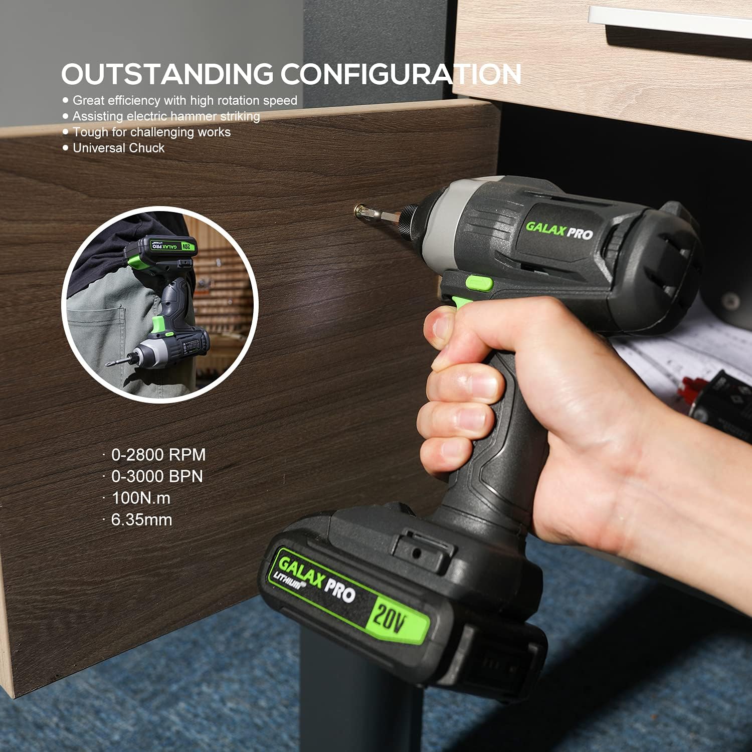 Detalle 2 de GALAX PRO Cordless Impact Driver 20V (0–2800RPM) with LED work light, 6 bit set, 1.3Ah battery & charger